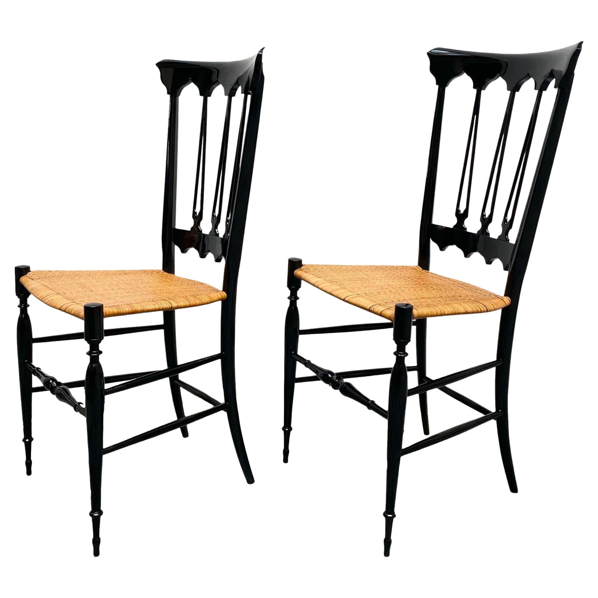 Fratelli Sanguineti Pair of Black Wood and Wicker Chairs, Italy 1950s