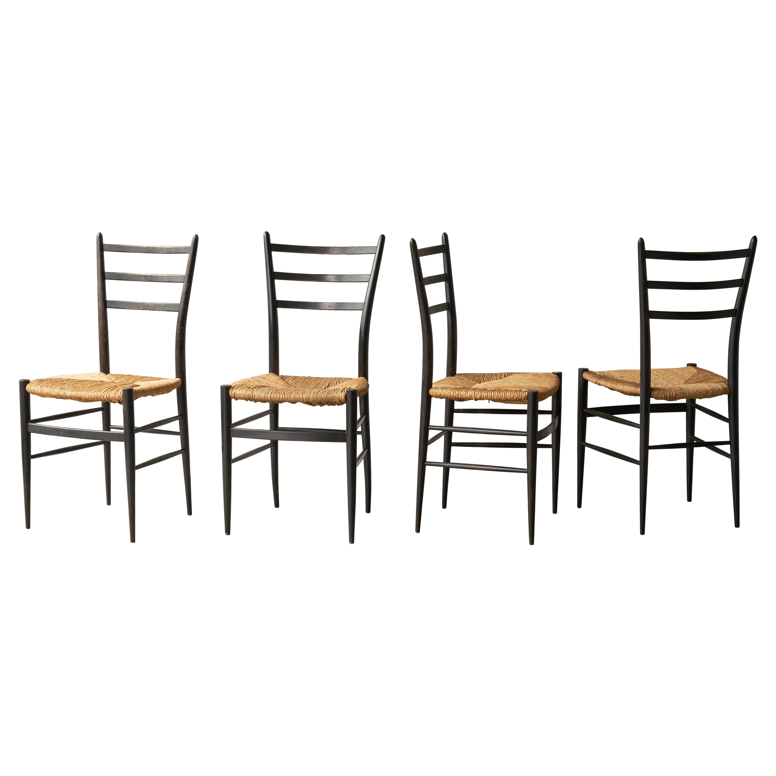 Fratelli Spinetto Chiavari Set di 4 sedie in legno ebanizzato e paglia Italia 1950
