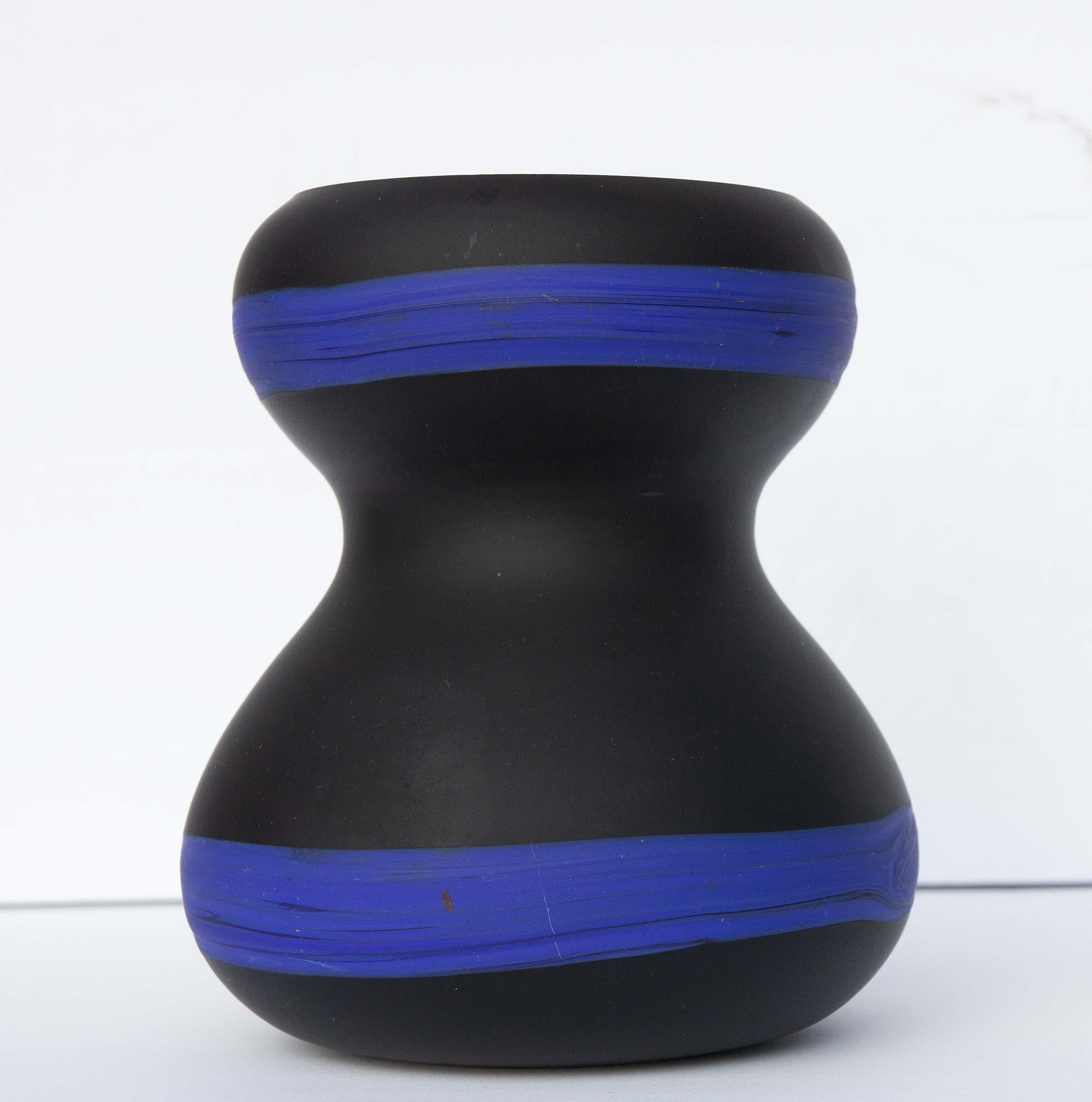 Modern Murano vase by Fratelli Tosa. Ebony and azure blue satin glass. Hand made Venetian glass. Retains the Tosa foil label. Mid-20th century.