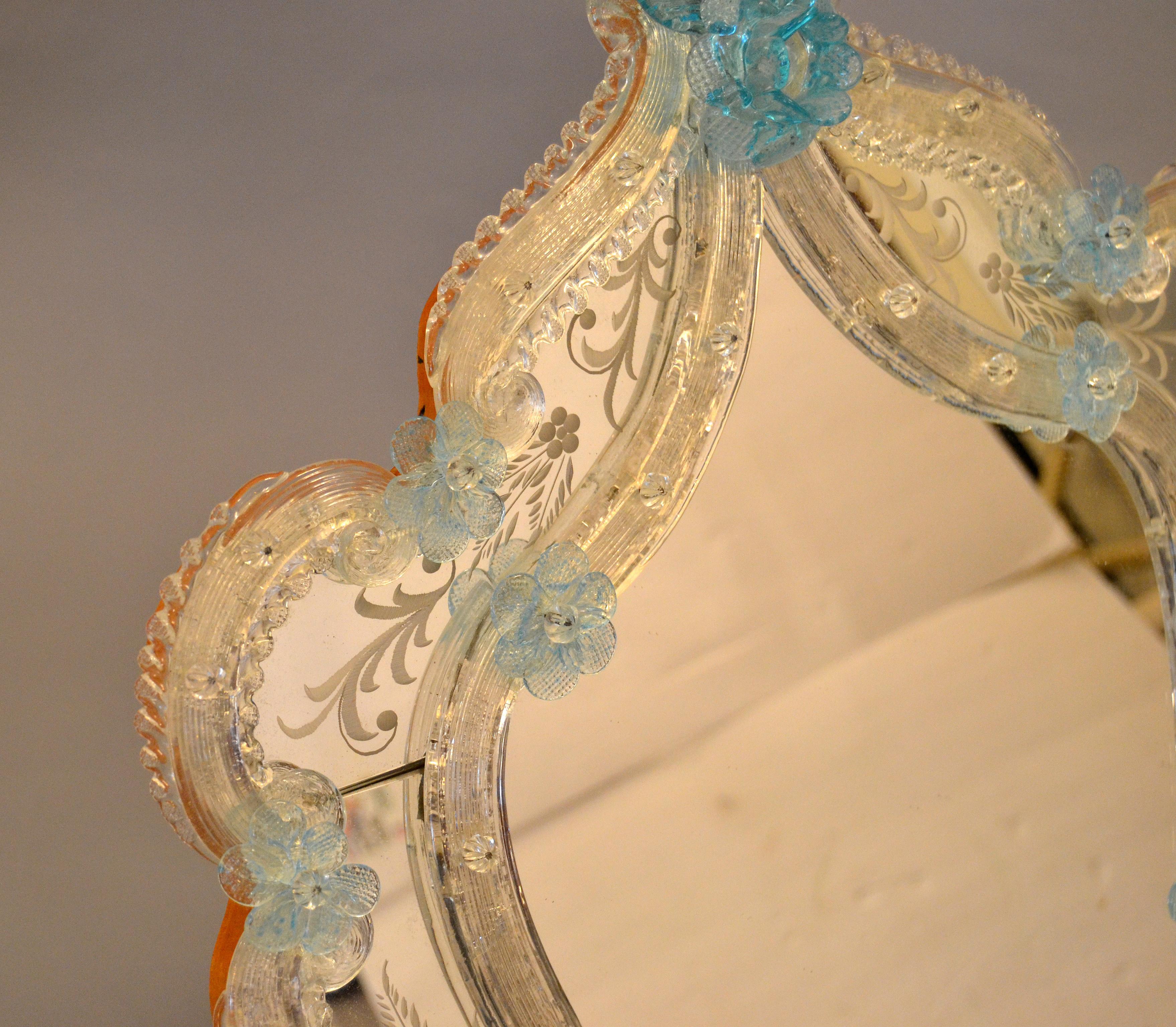 Fratelli Tosi Venetian Glass Vanity, Table Mirror with Blue Flowers, Italy In Good Condition In Miami, FL