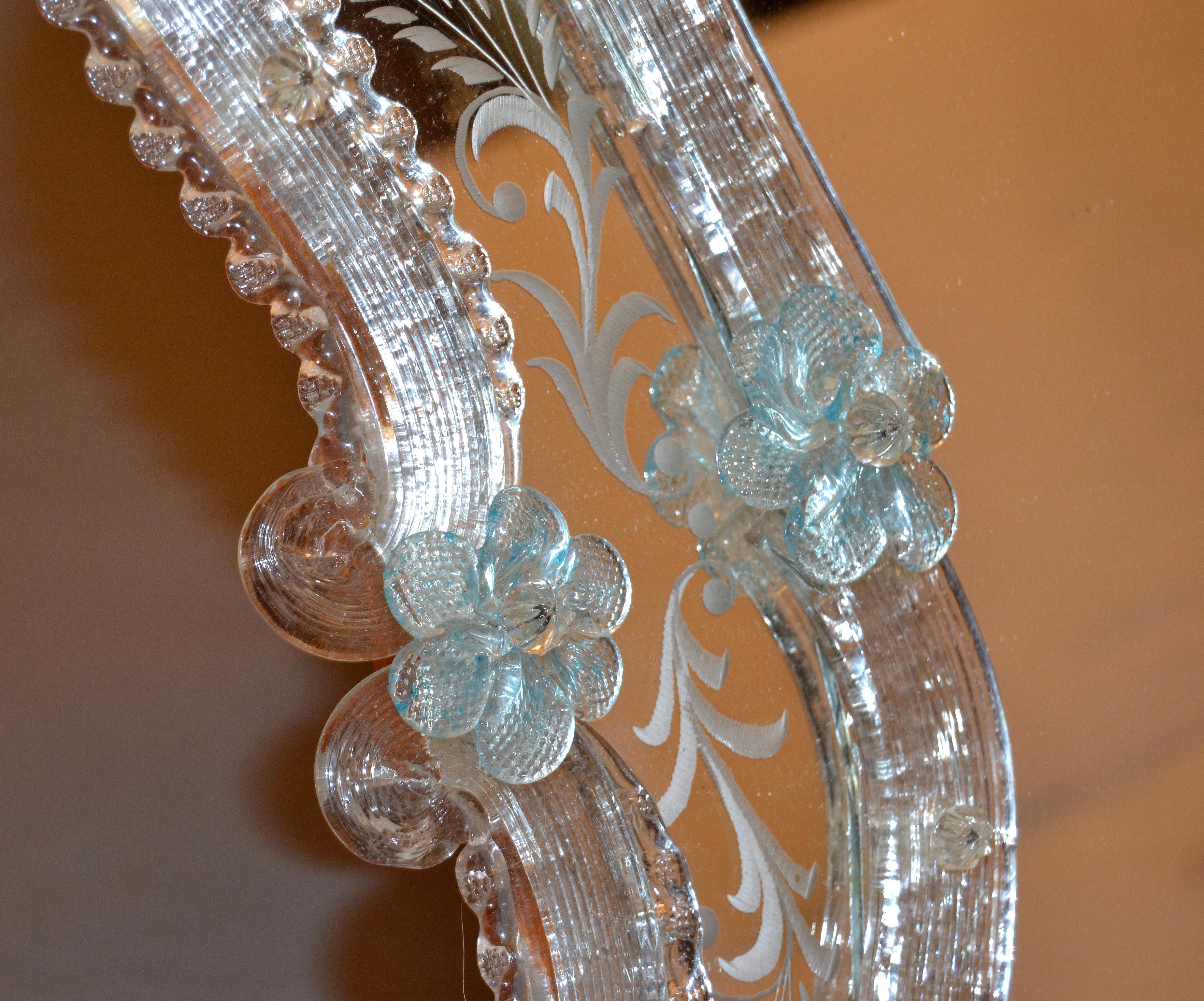20th Century Fratelli Tosi Venetian Glass Vanity, Table Mirror with Blue Flowers, Italy