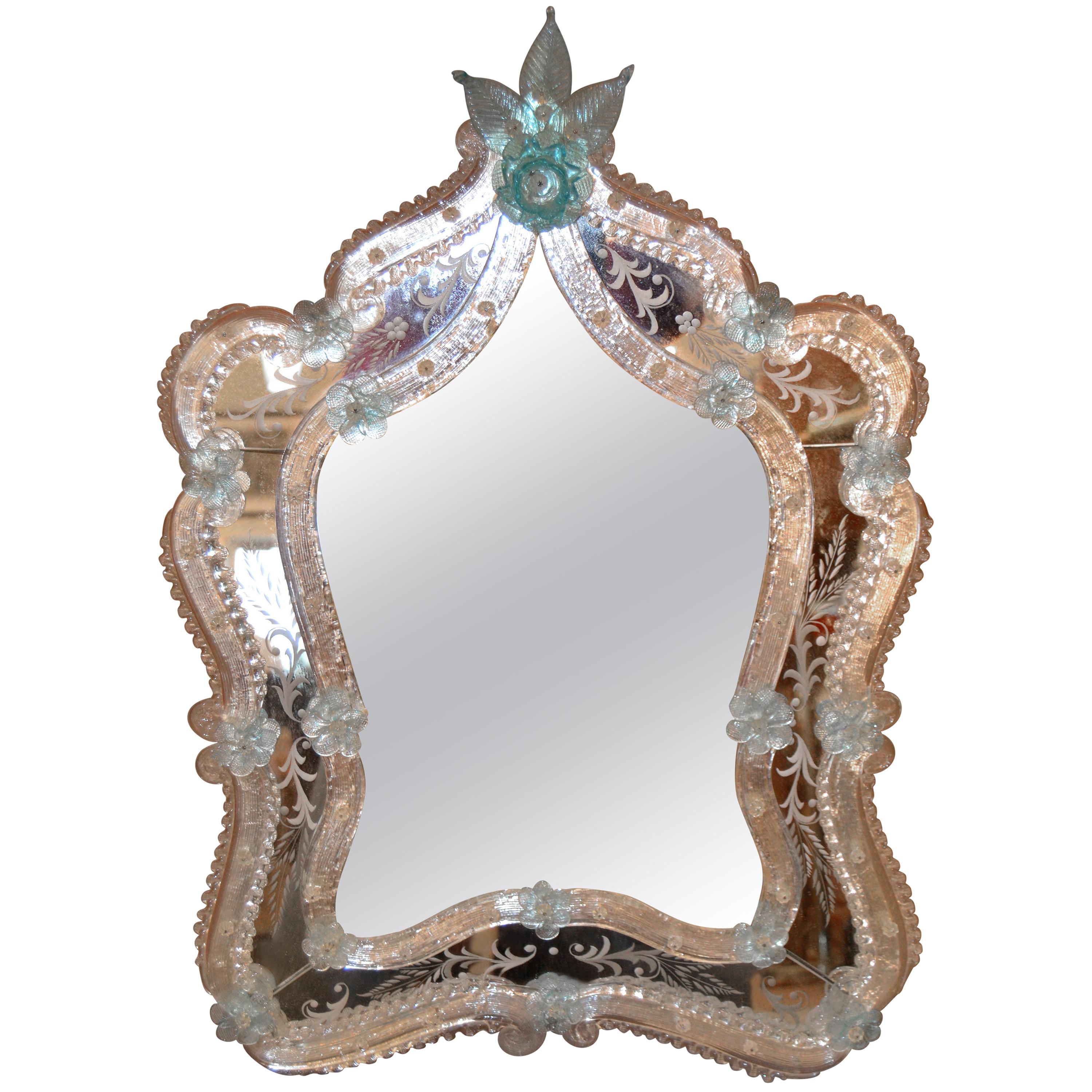 Fratelli Tosi Venetian Glass Vanity, Table Mirror with Blue Flowers, Italy