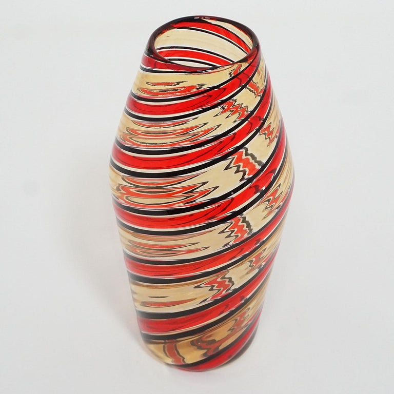 Fratelli Toso 'a canne' Vase in Red, Yellow and Black, Murano, Italy