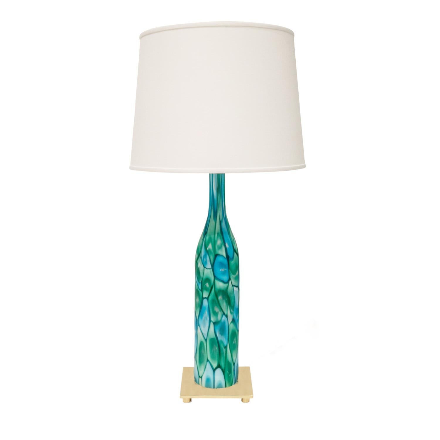 Stunning hand blown glass table lamp with green and blue murrhines by Ermanno Toso for Fratelli Toso, Murano Italy, 1959. New polished brass base and 3 socket assembly customized by Lobel Modern. Rewired with silk cord.

Reference:
Venetian Glass