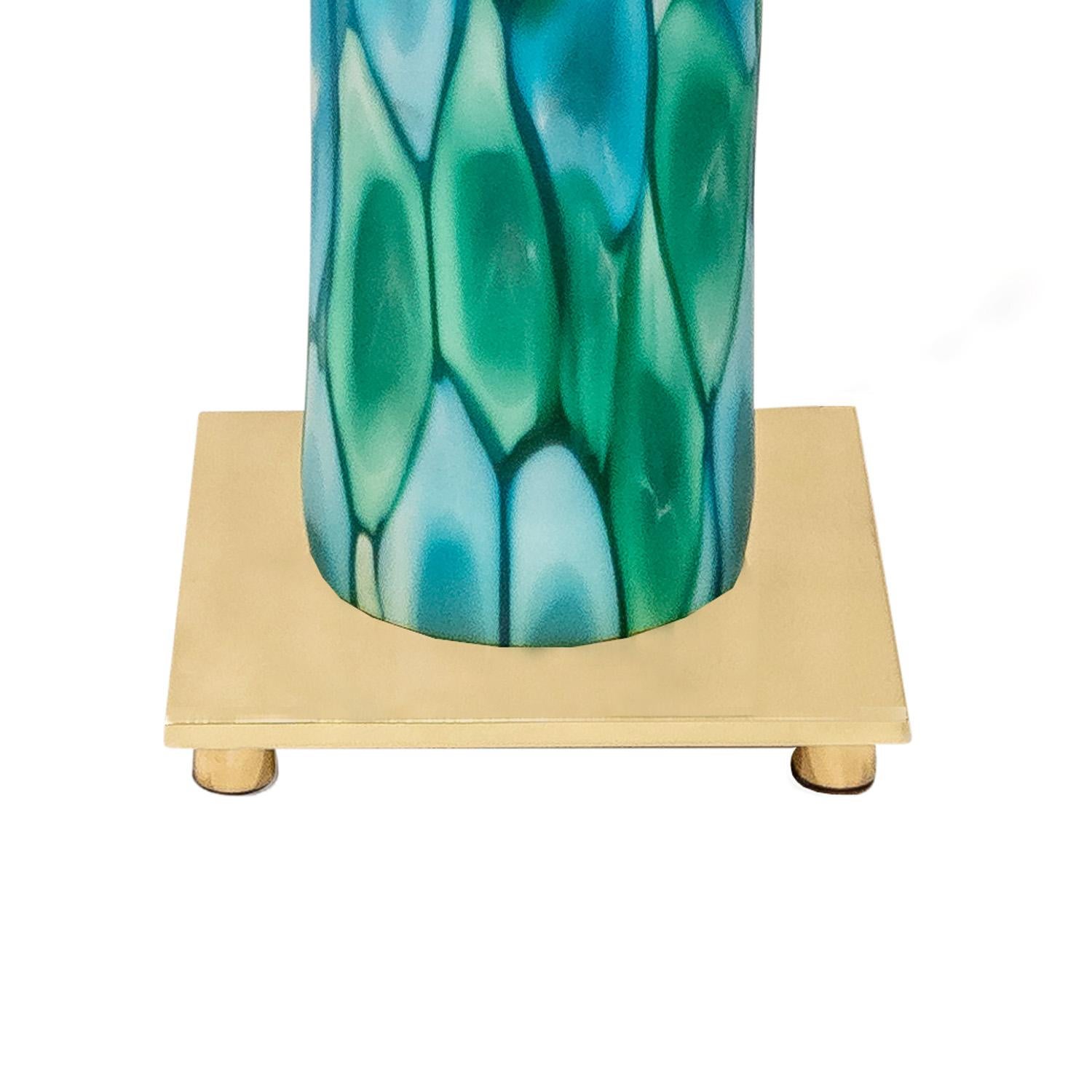 Fratelli Toso, Kunstglas-Tischlampe mit grünen und blauen Murrhinen, 1959 (Handgefertigt) im Angebot