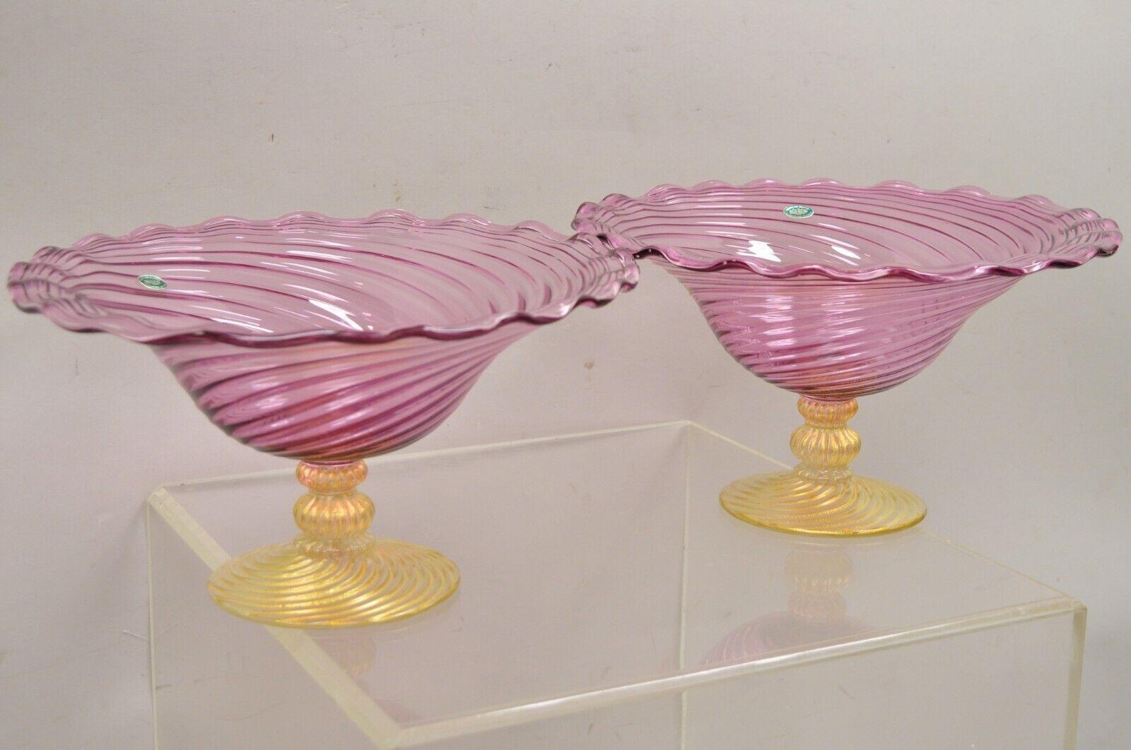 Fratelli Toso Balboa Venetian Blown Art Glass Pink Swirl Gold Flecks Fruit Bowl 5