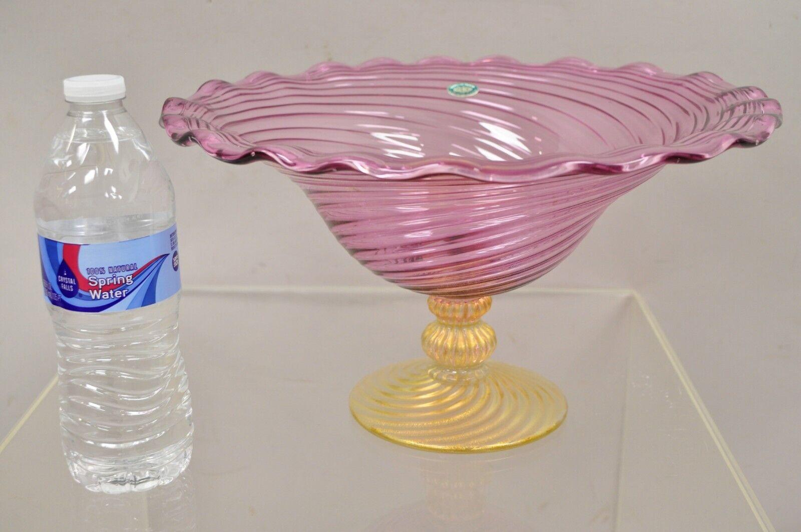 Fratelli Toso Balboa Venetian Blown Art Glass Pink Swirl Gold Flecks Fruit Bowl 4