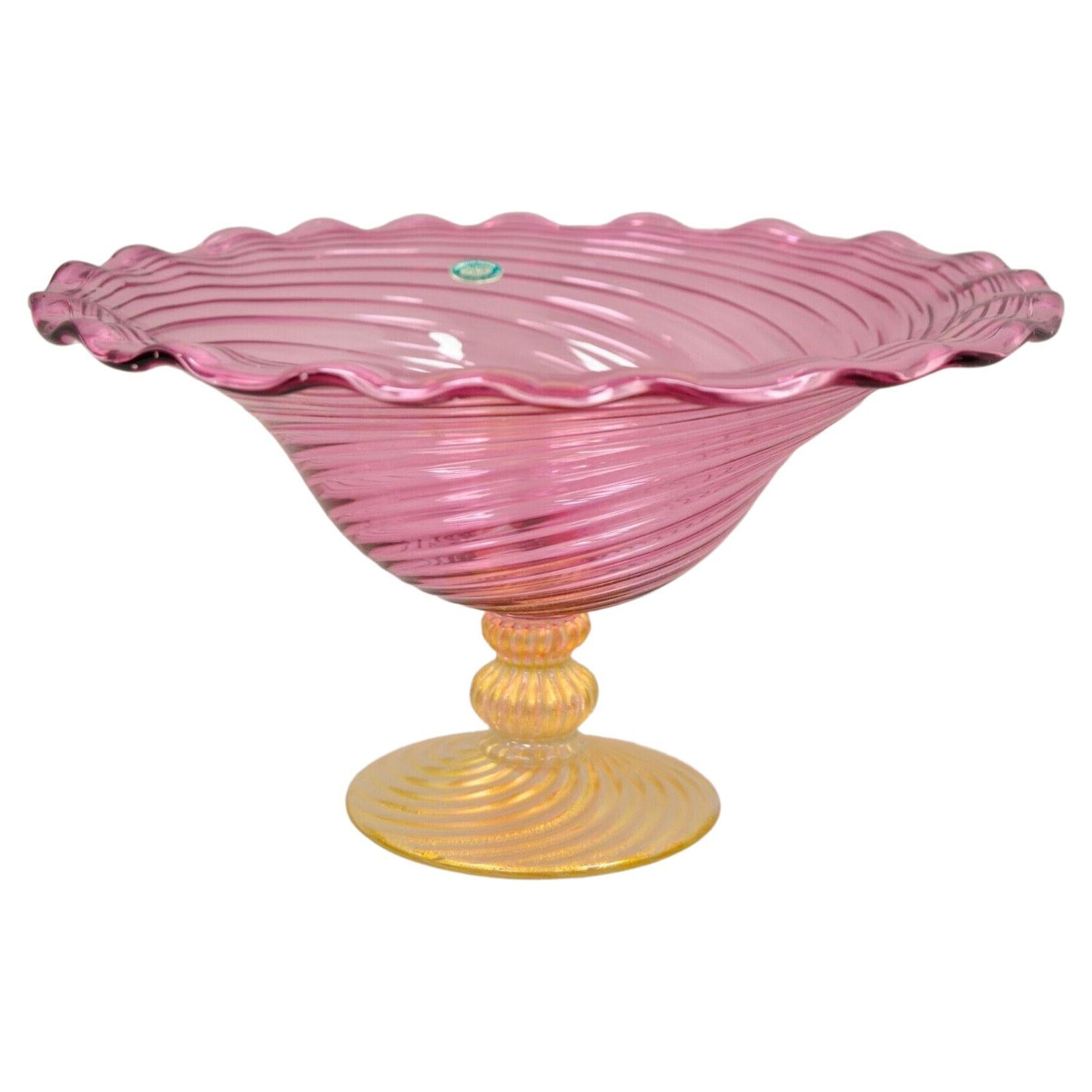 Fratelli Toso Balboa Venetian Blown Art Glass Pink Swirl Gold Flecks Fruit Bowl