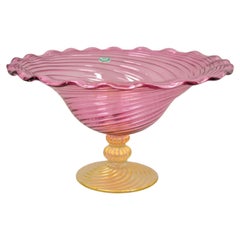 Vintage Fratelli Toso Balboa Venetian Blown Art Glass Pink Swirl Gold Flecks Fruit Bowl
