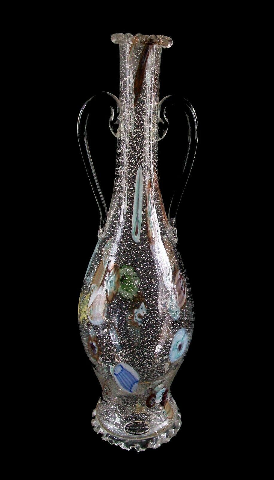 FRATELLI TOSO (Attributed) - Early Venetian crystal 'Roman style' decanter - fine European quality - hand blown with silver flecks and large millefiori murrines - clear glass handles - original foil label still attached - Italy (Murano) - circa