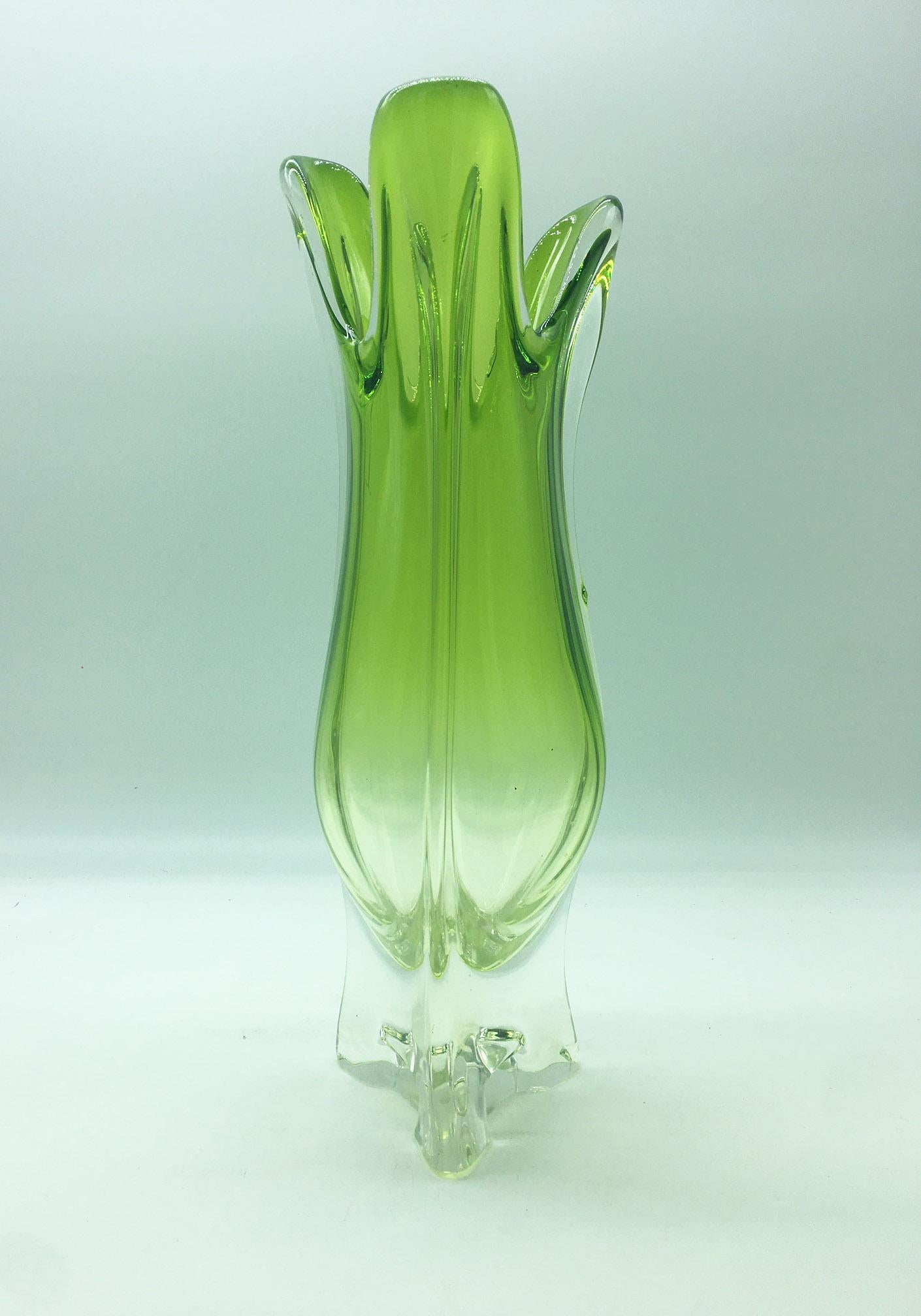 Large Murano glass vase with various shades of green and rare three-petal shape, Fratelli Toso, Italy, 1960s.