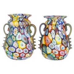 Fratelli Toso Italian Pair Murano Millefiori Cane Handled Glass Vases