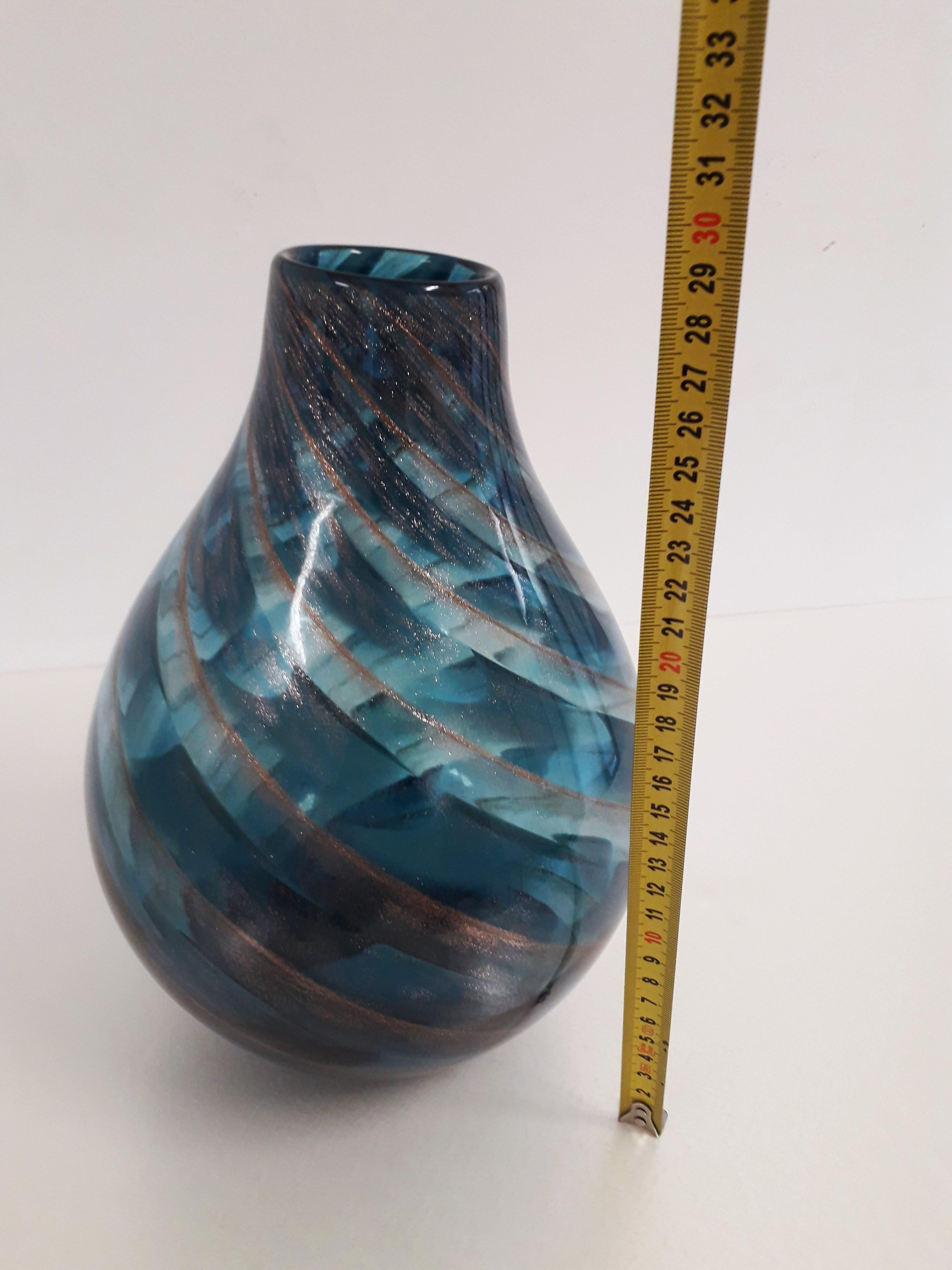 Fratelli Toso Large Art Deco Teardrop Murano Glass Vase Spiral Gold Blue 5
