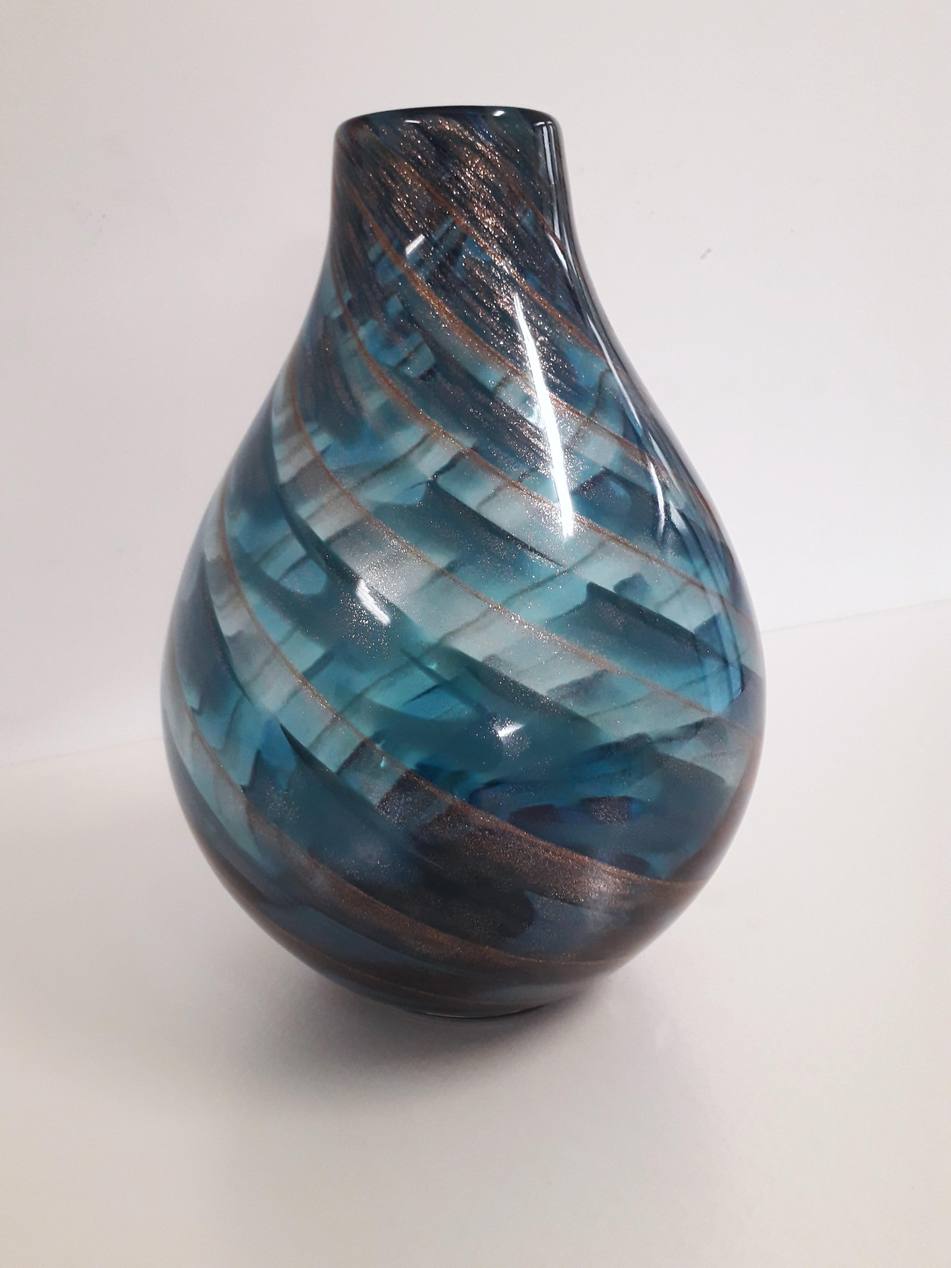 Blown Glass Fratelli Toso Large Art Deco Teardrop Murano Glass Vase Spiral Gold Blue