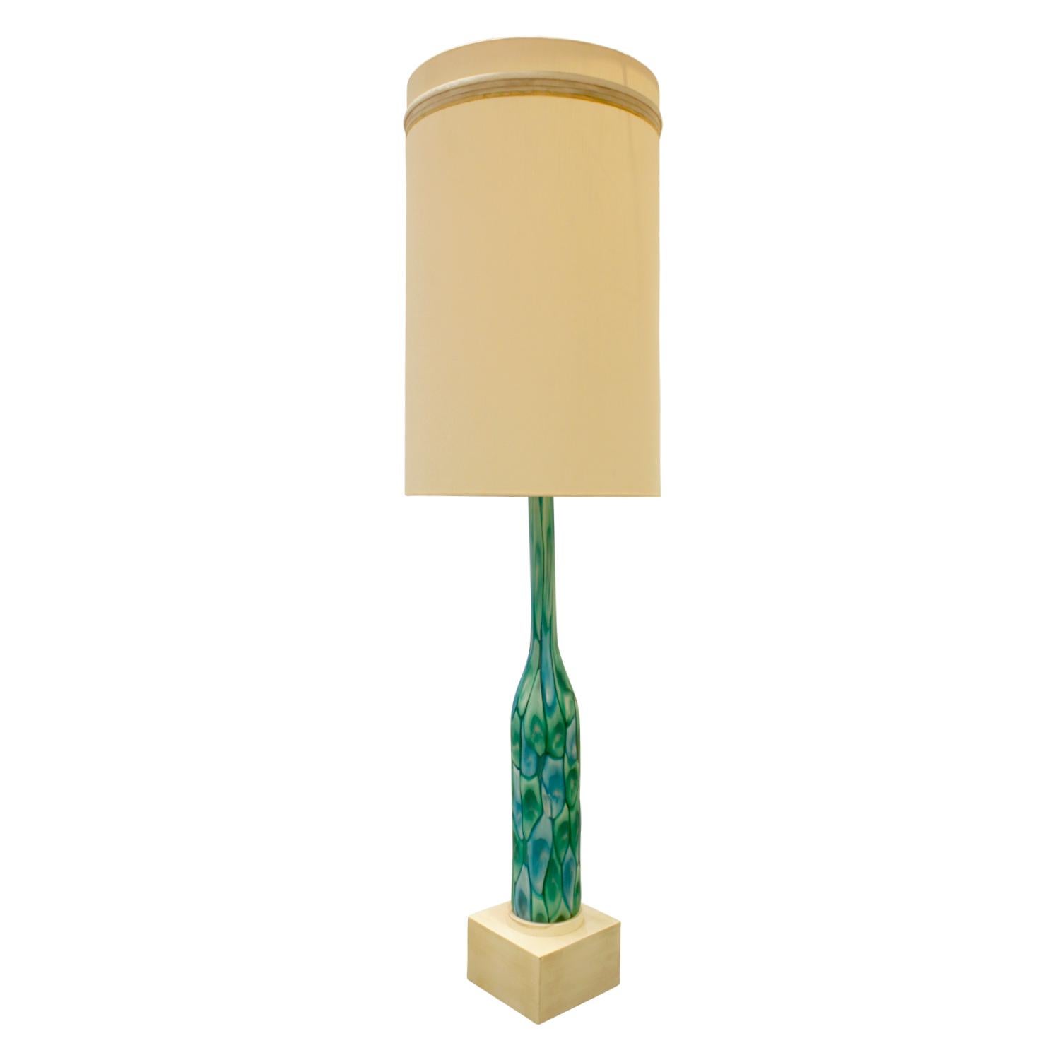 Large hand-blown table lamp with green and blue murrhines with lacquered base and original custom shade by Ermanno Toso for Fratelli Toso, Murano Italy, 1959.  The colors in this lamp are extraordinary.

Reference:
Venetian Glass 1890-1990 by Rosa