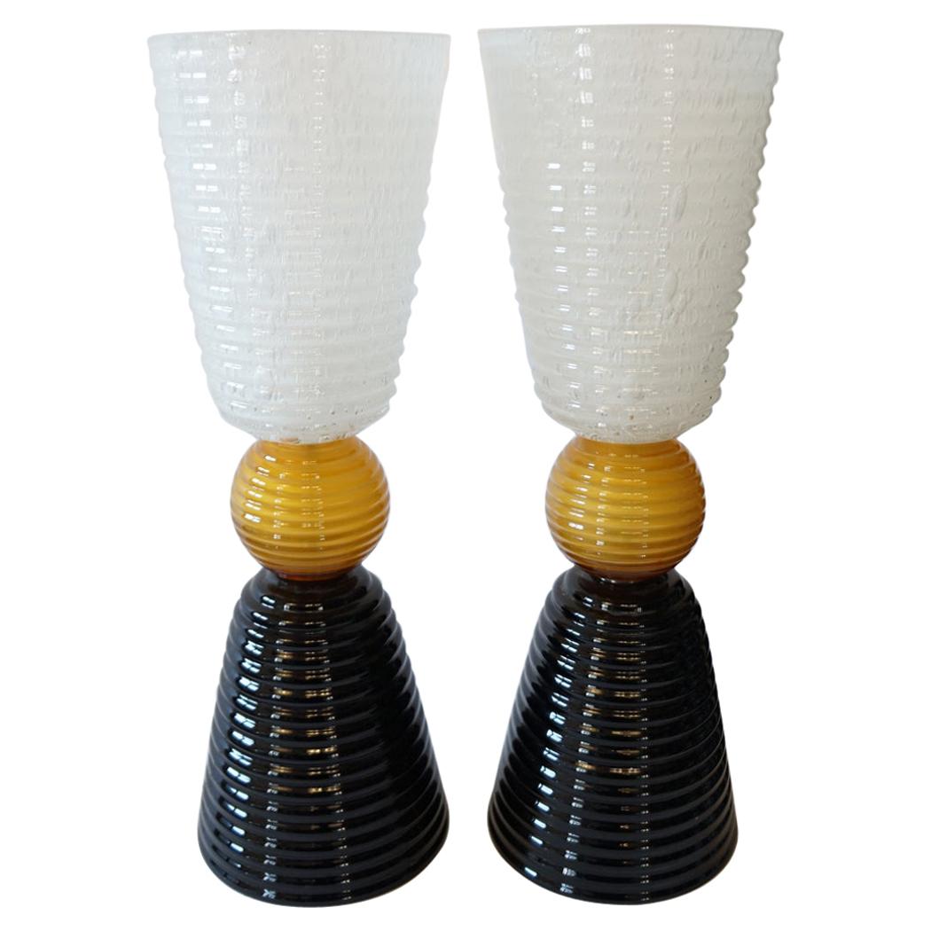 Fratelli Toso Mid-Century Modern Black White Two Murano Glass Table Lamps, 1975