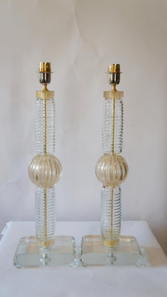 Fratelli Toso Mid-Century Modern Crystal Gold Two Murano Glass Table Lamps, 1974