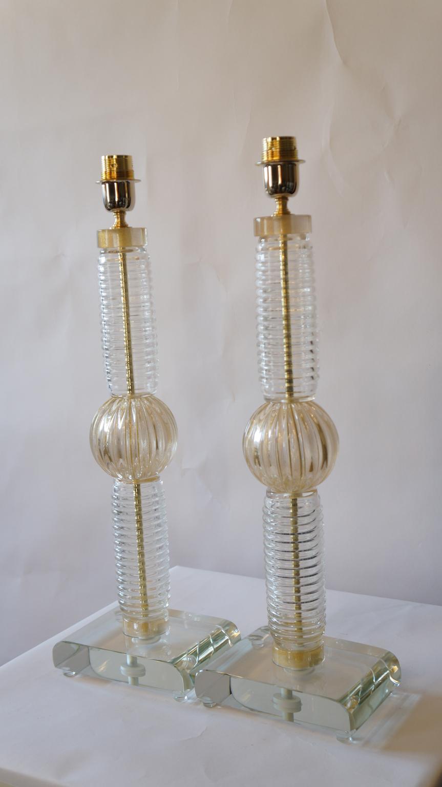 italien Deux lampes de table en verre de Murano, Fratelli Toso Mid-Century Modern Crystal Gold, 1974 en vente
