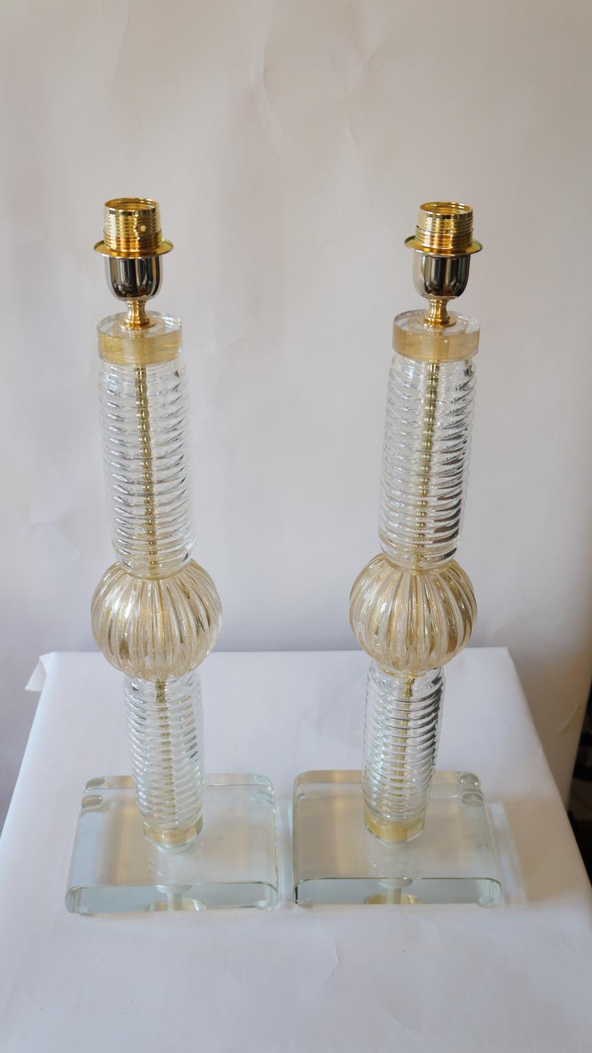 Fratelli Toso Mid-Century Modern Crystal Gold Two Murano Glass Table Lamps, 1974 For Sale 2
