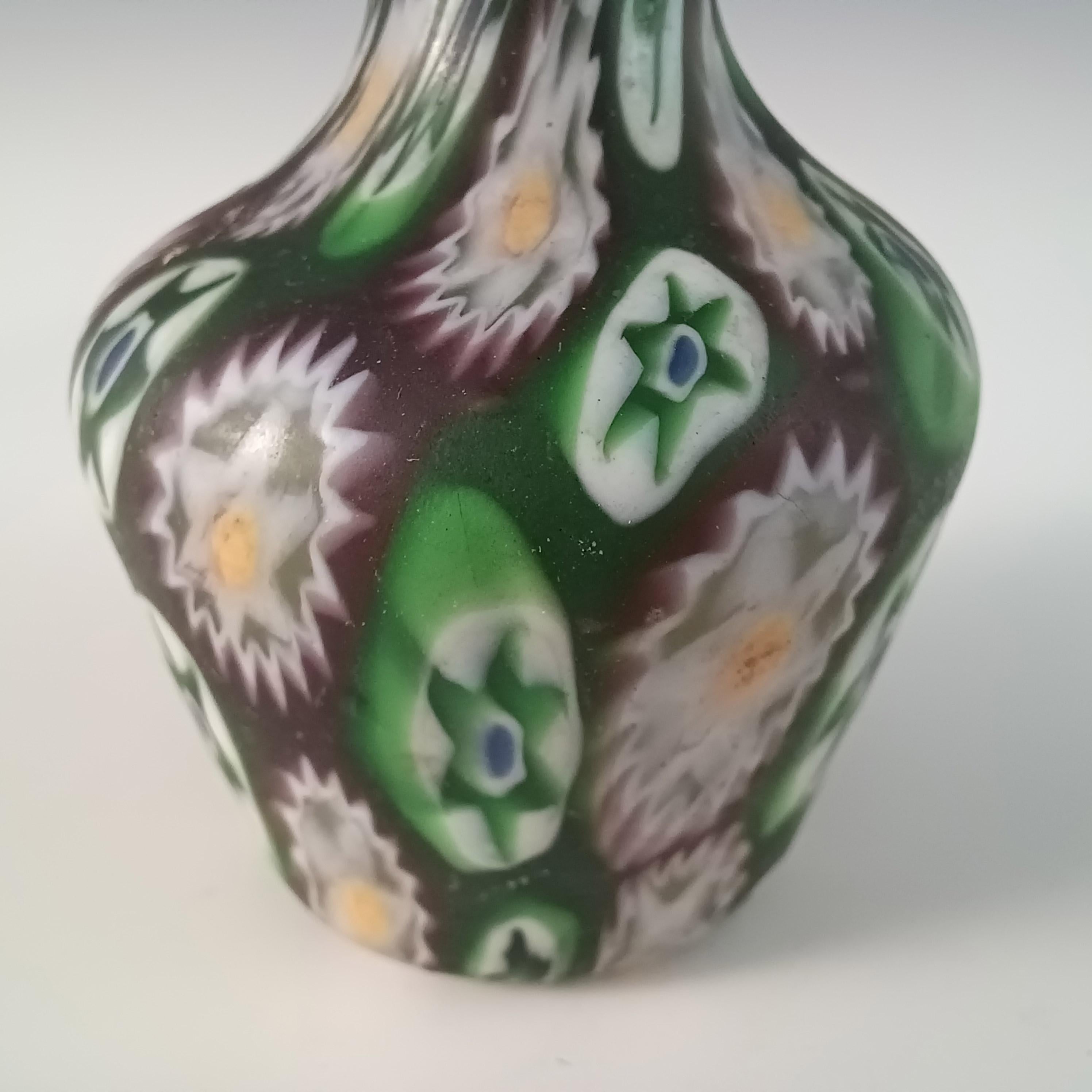 Italian Fratelli Toso Millefiori Canes Murano Green & Purple Glass Vase For Sale