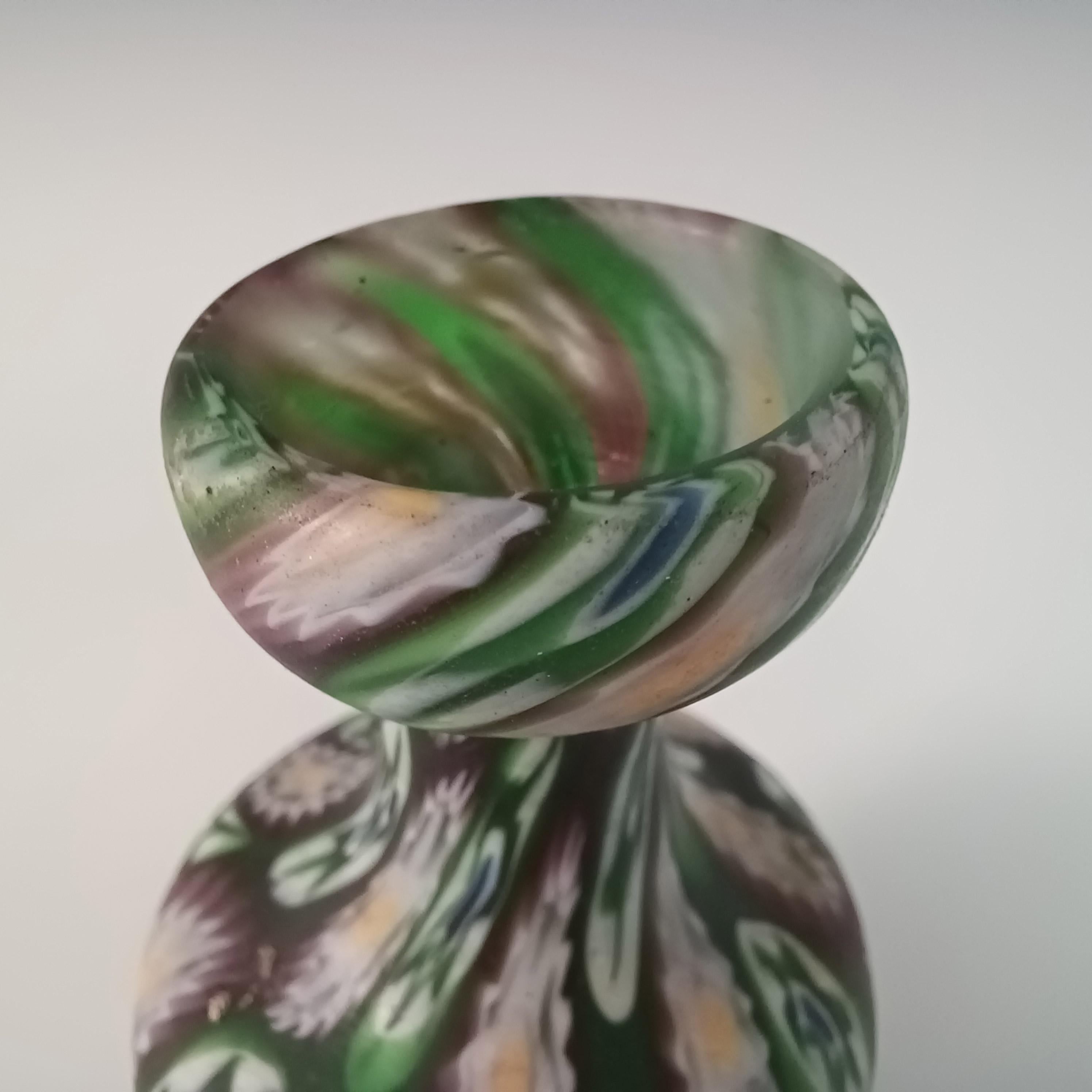 Hand-Crafted Fratelli Toso Millefiori Canes Murano Green & Purple Glass Vase For Sale