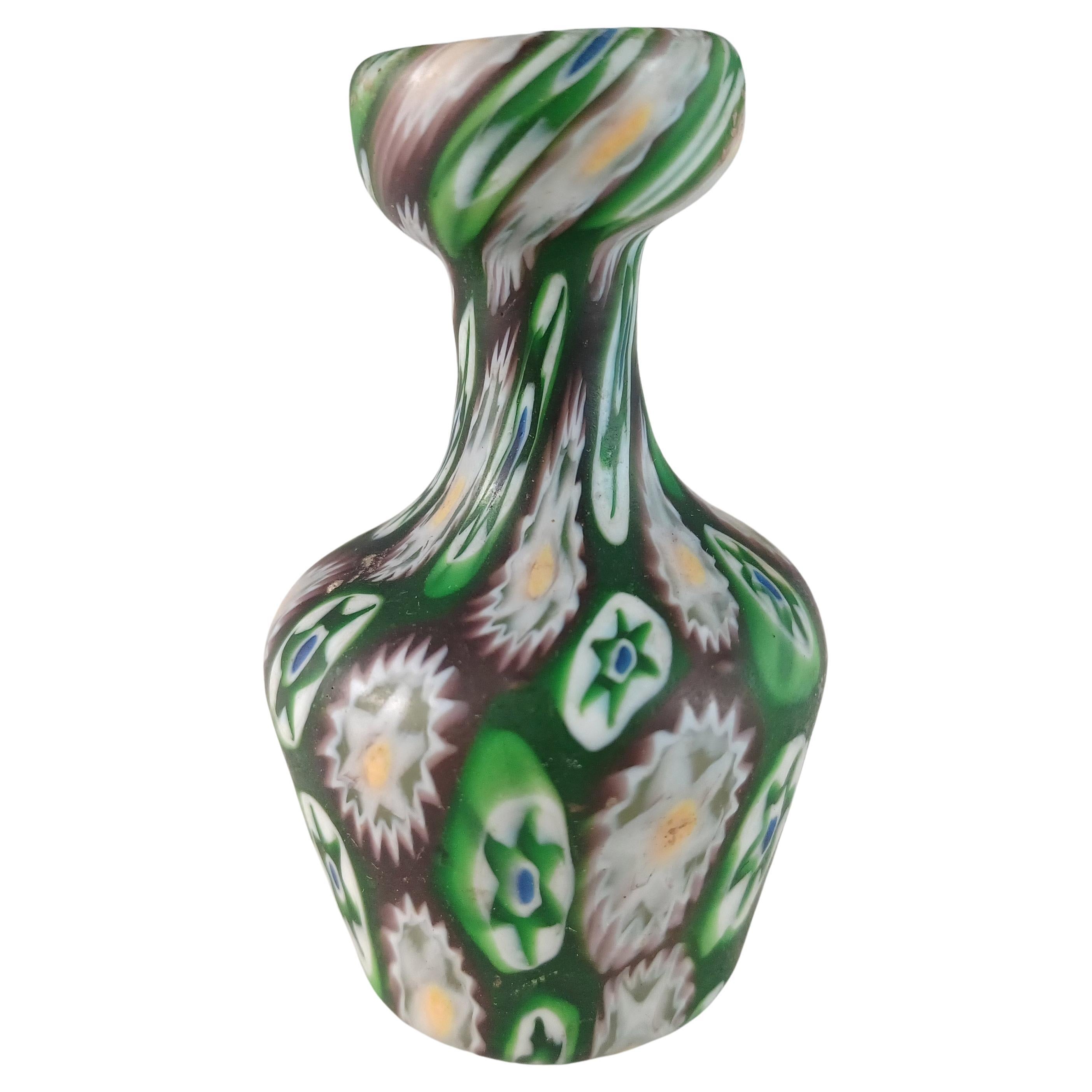 Fratelli Toso Millefiori Canes Murano Green & Purple Glass Vase For Sale