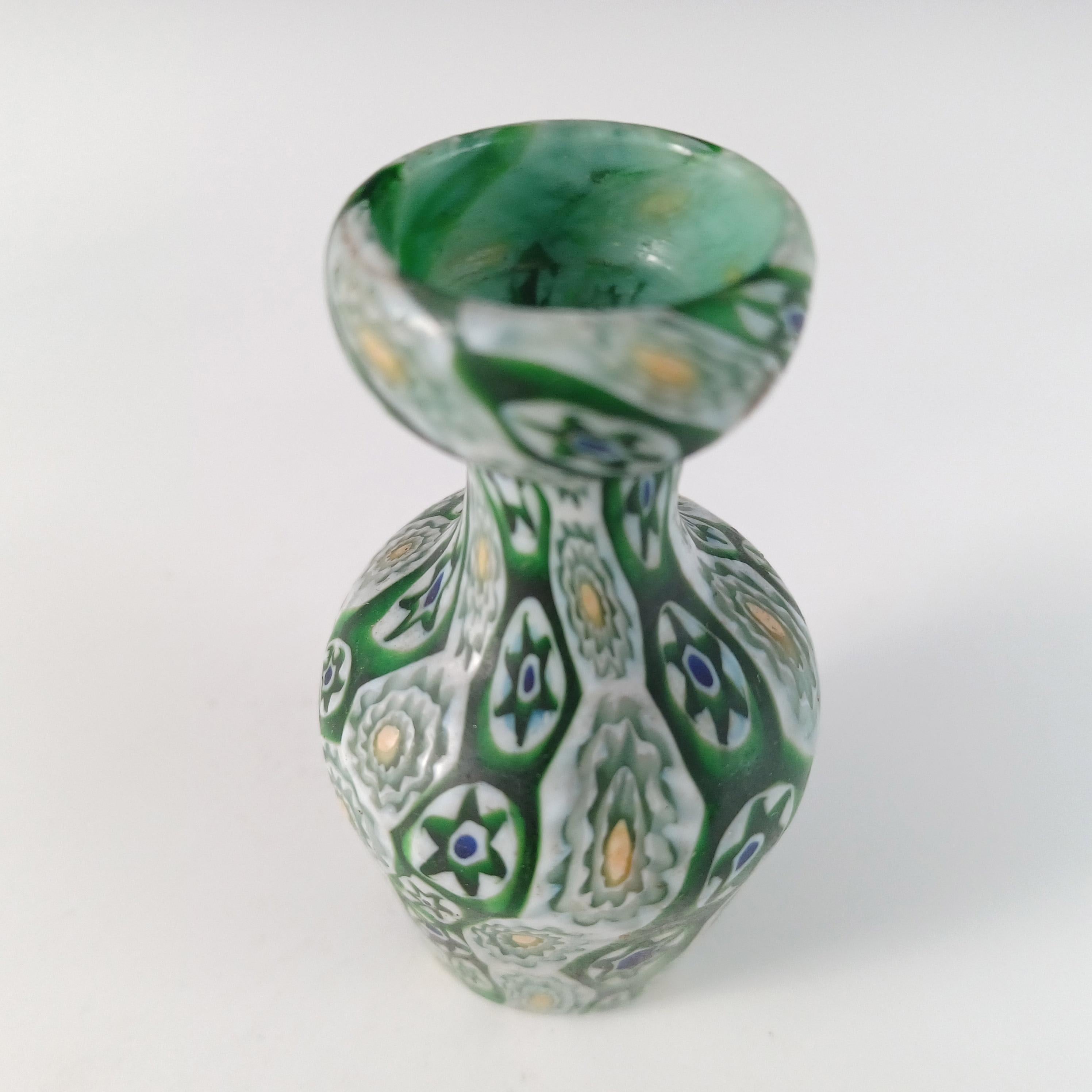 Arts and Crafts Fratelli Toso Millefiori Canes Murano Green & White Glass Vase For Sale