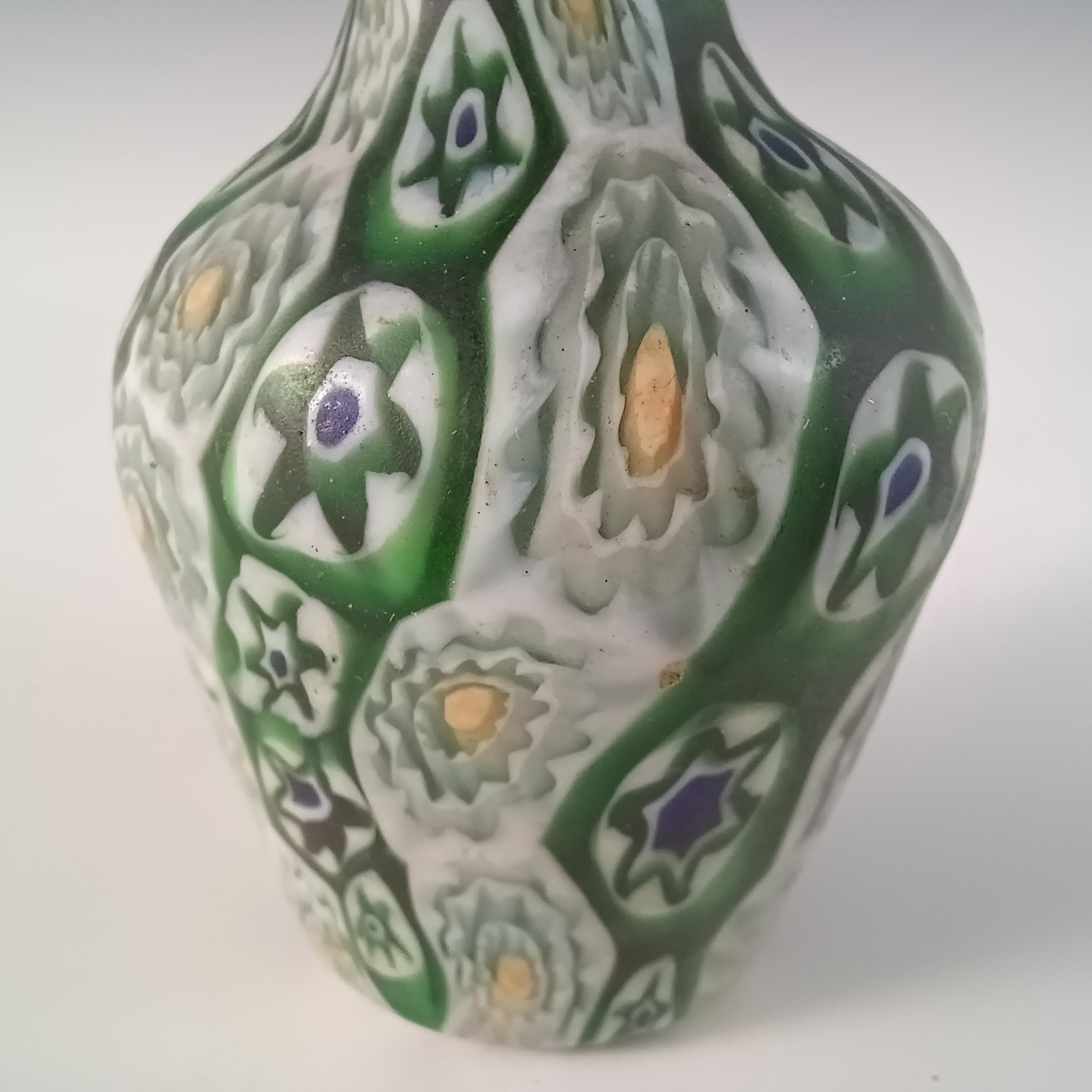 Italian Fratelli Toso Millefiori Canes Murano Green & White Glass Vase For Sale