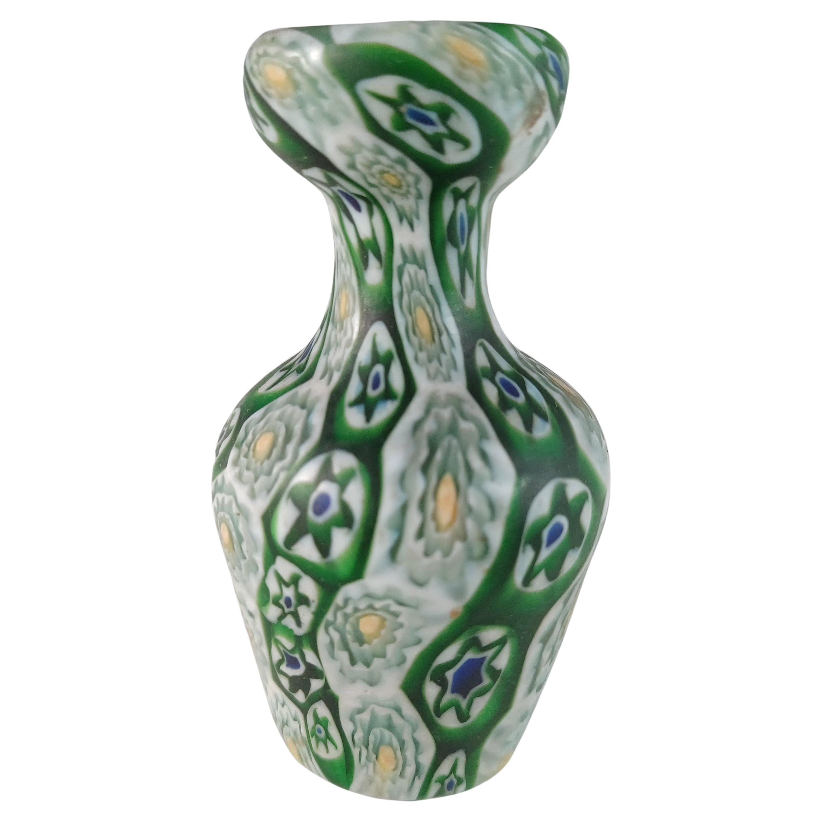 Fratelli Toso Millefiori Canes Murano Green & White Glass Vase For Sale