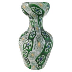 Antique Fratelli Toso Millefiori Canes Murano Green & White Glass Vase