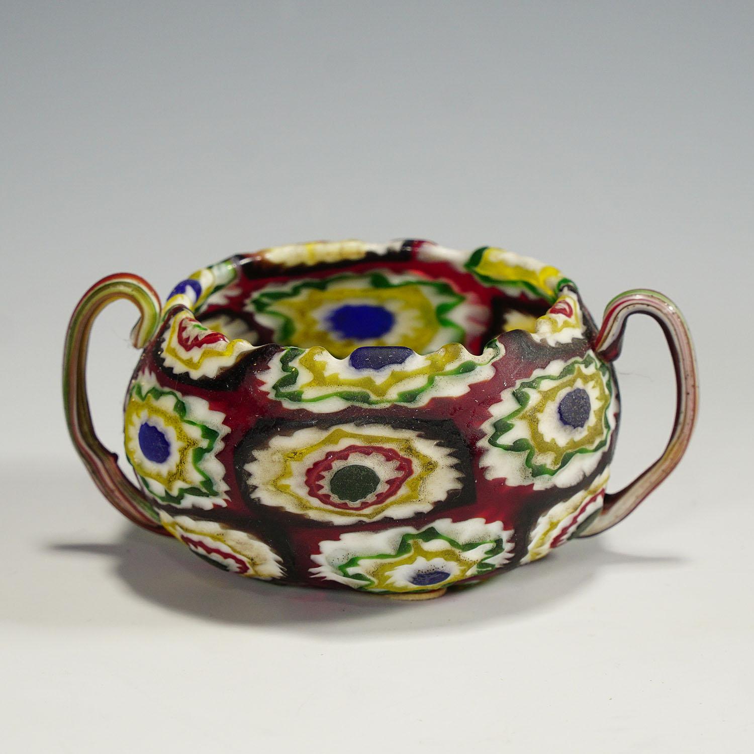 Mid-Century Modern Fratelli Toso Millefiori Murrine Glass Handeled Bowl, Murano circa 1920 For Sale