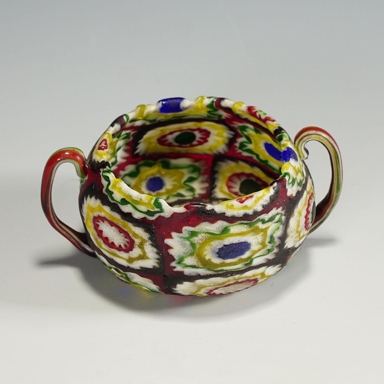 Italian Fratelli Toso Millefiori Murrine Glass Handeled Bowl, Murano circa 1920 For Sale