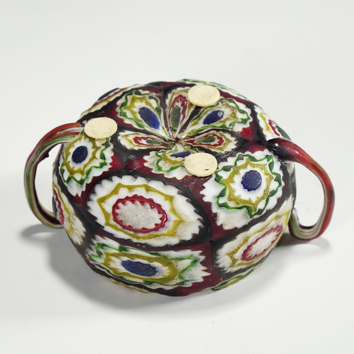 20th Century Fratelli Toso Millefiori Murrine Glass Handeled Bowl, Murano circa 1920 For Sale