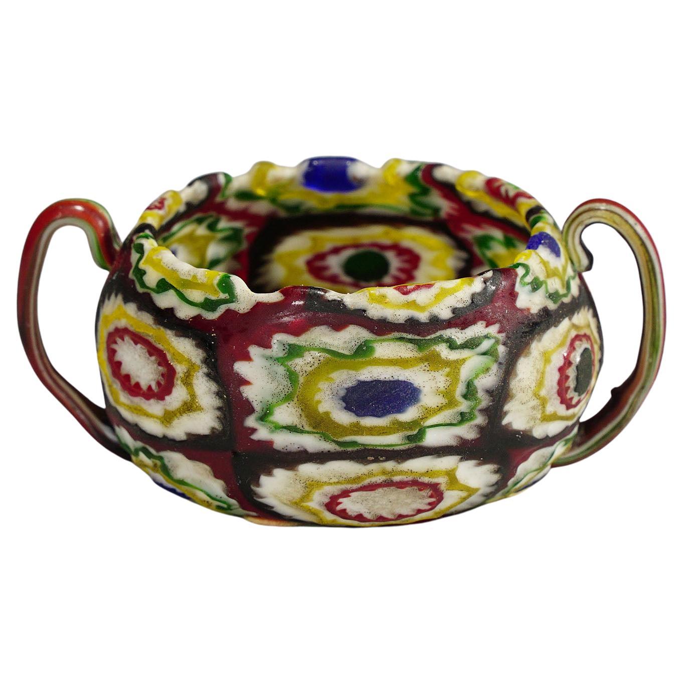 Fratelli Toso Millefiori Murrine Glass Handeled Bowl, Murano circa 1920 For Sale