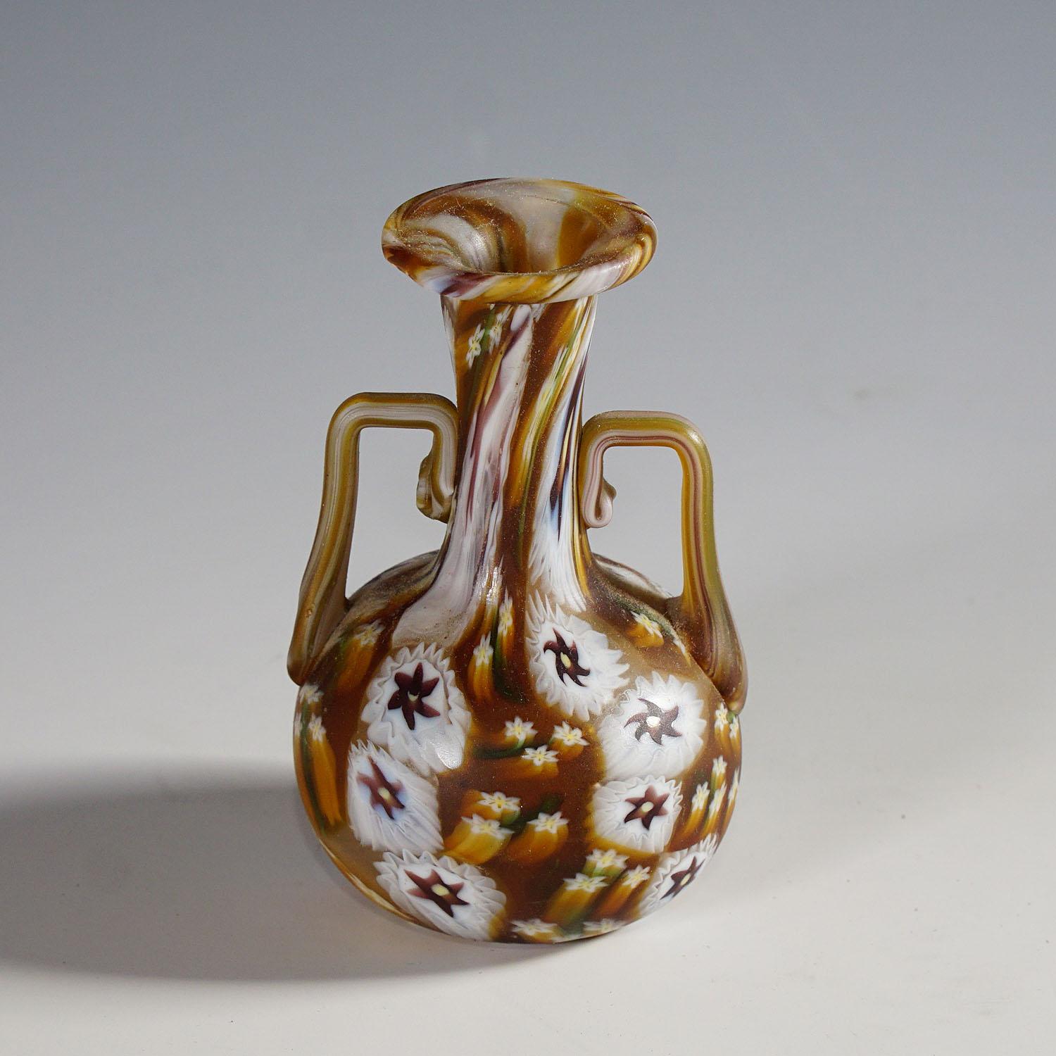 Mid-Century Modern Fratelli Toso Millefiori Murrine Vase Brown and White, Murano Early 20th Century For Sale