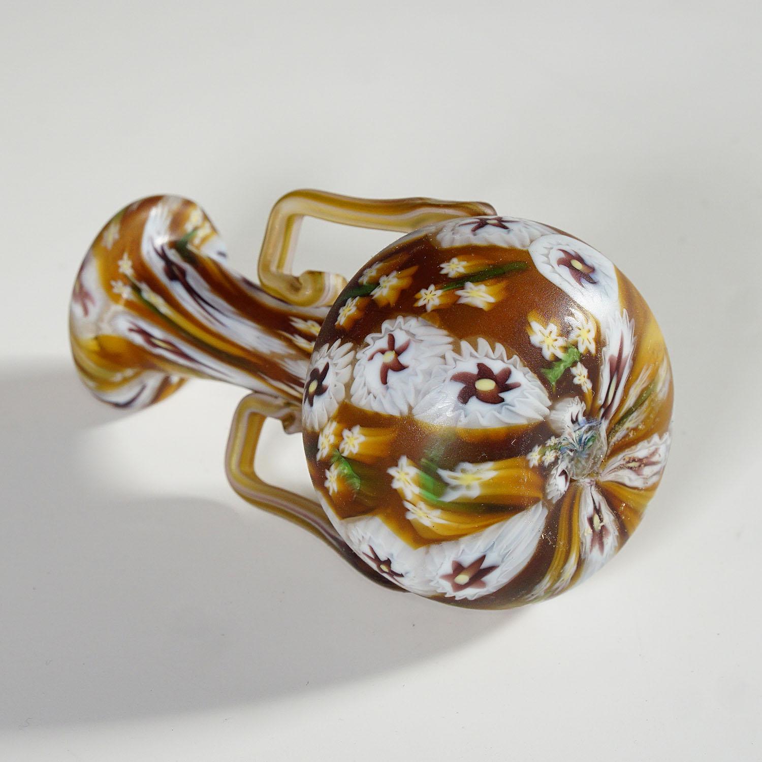 Art Glass Fratelli Toso Millefiori Murrine Vase Brown and White, Murano Early 20th Century For Sale