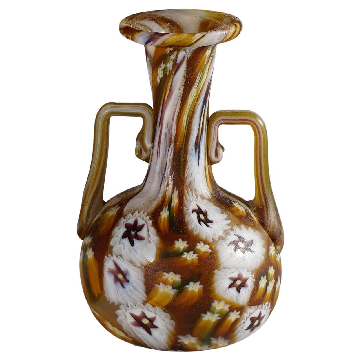 Fratelli Toso Millefiori Murrine Vase Brown and White, Murano Early 20th Century