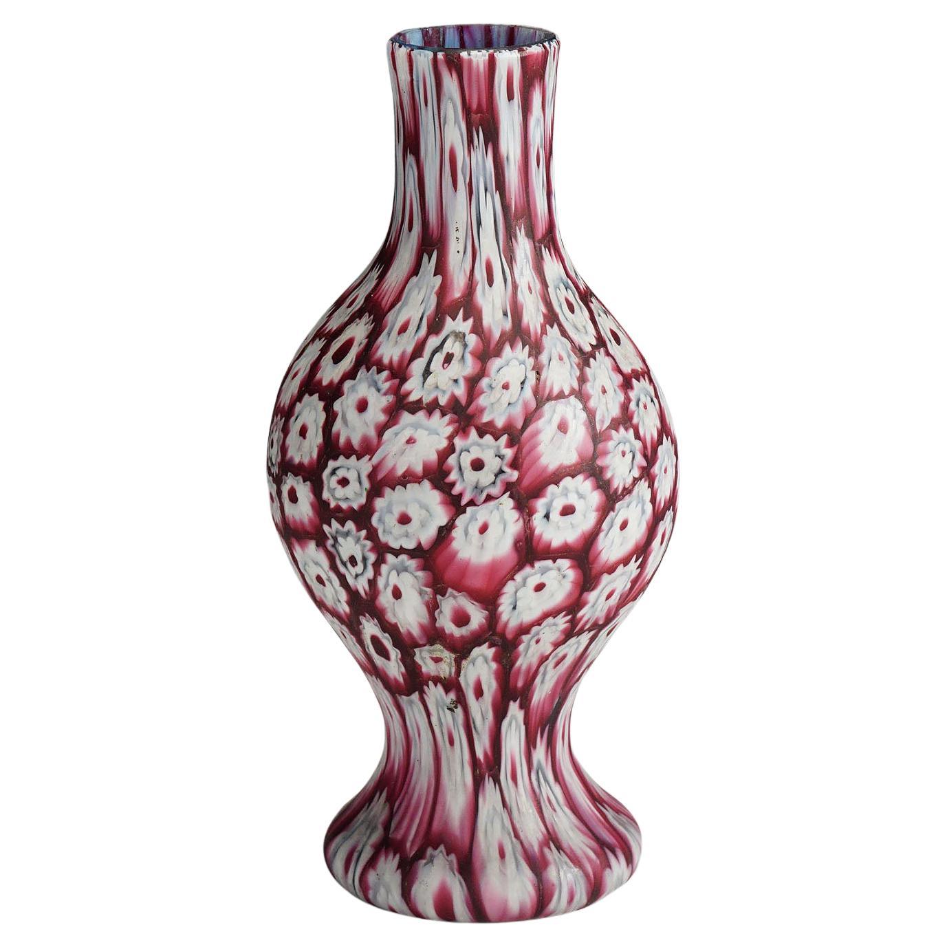 Fratelli Toso Millefiori Murrine Vase in Red and White Murano Early 20th Century For Sale