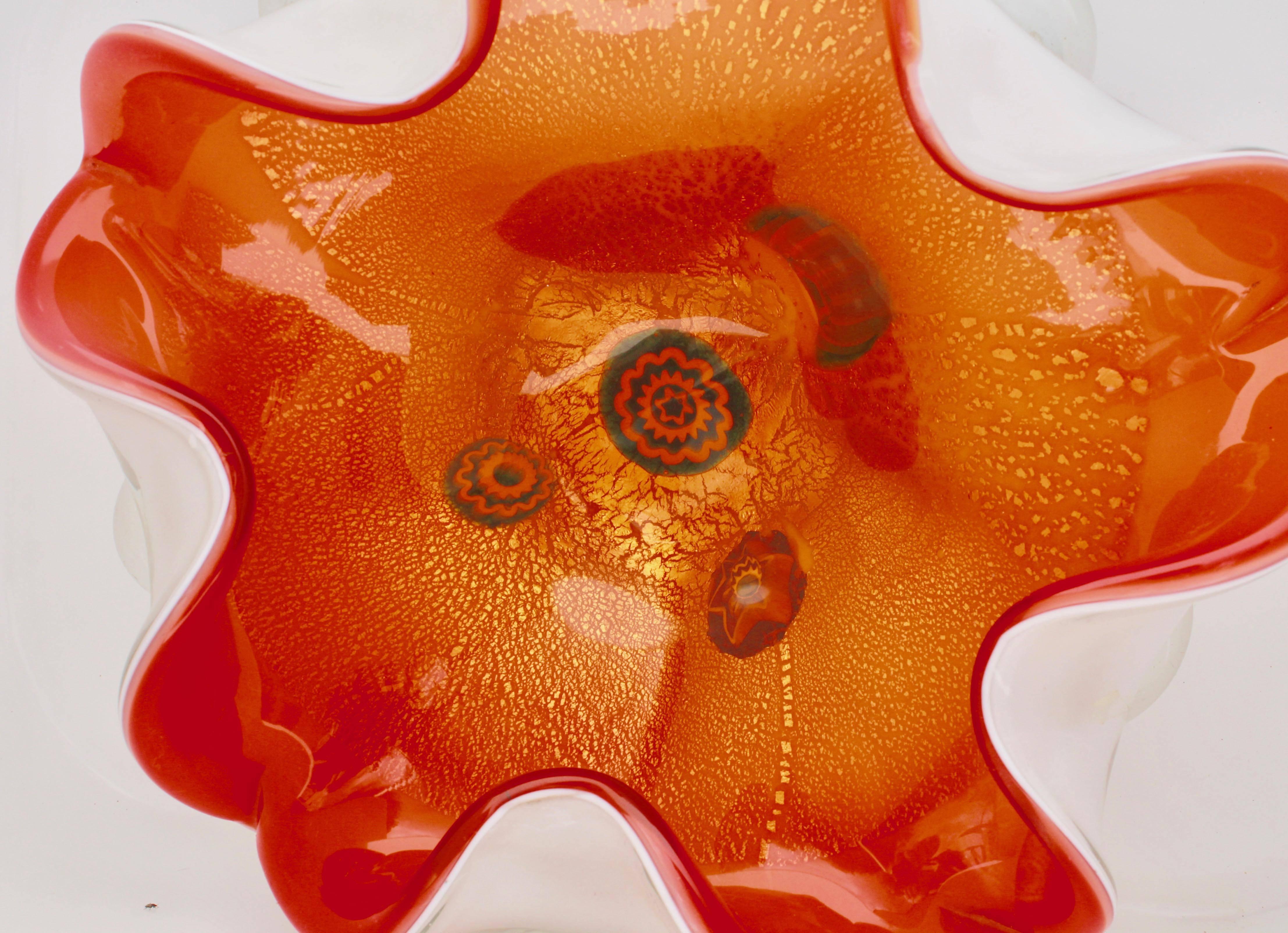 Italian Fratelli Toso Millefiori Red White Opalescent Gold Flecks Art Glass Bowl