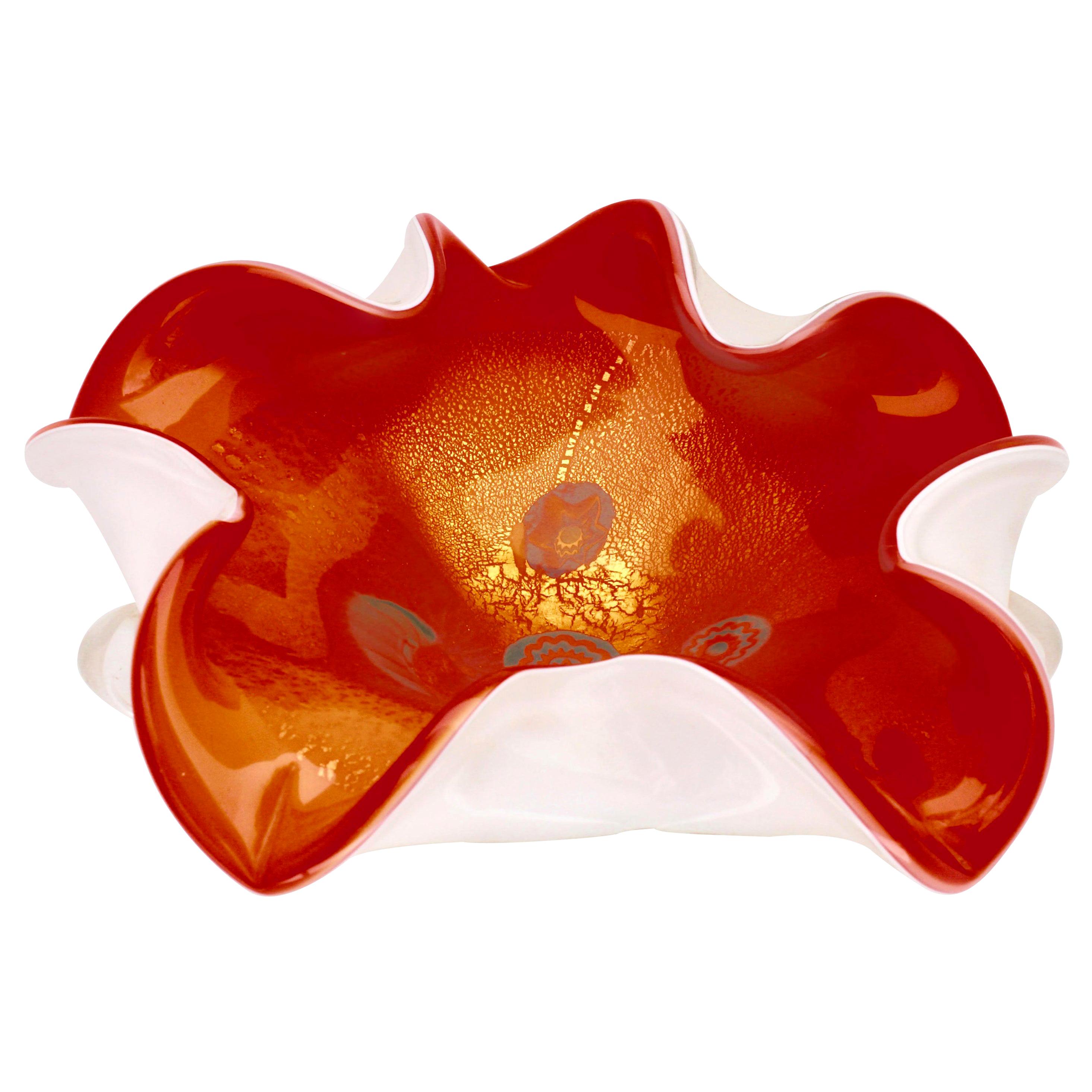 Fratelli Toso Millefiori Red White Opalescent Gold Flecks Art Glass Bowl