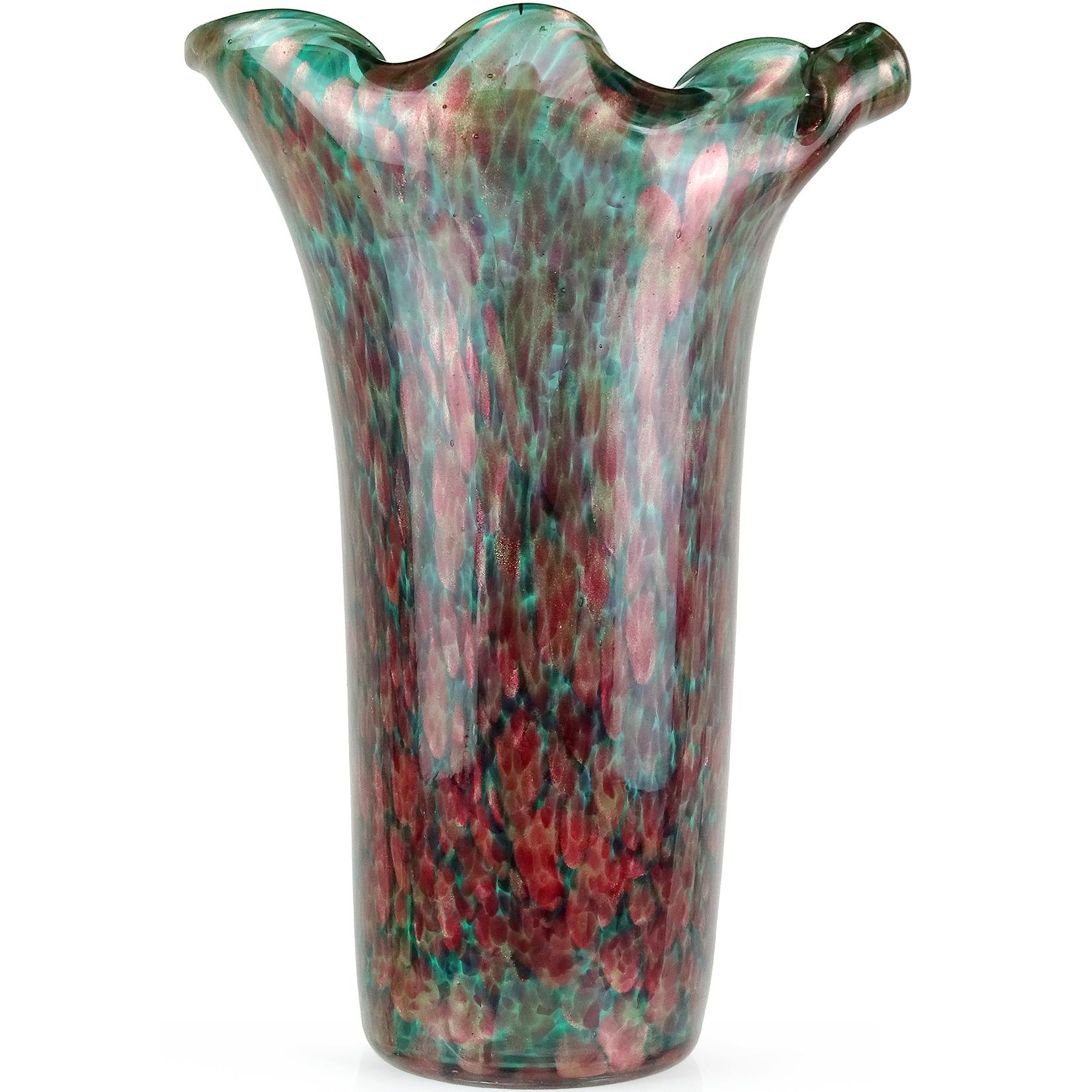 Mid-Century Modern Fratelli Toso Murano Amethyst Green Aventurine Italian Art Glass Flower Vase