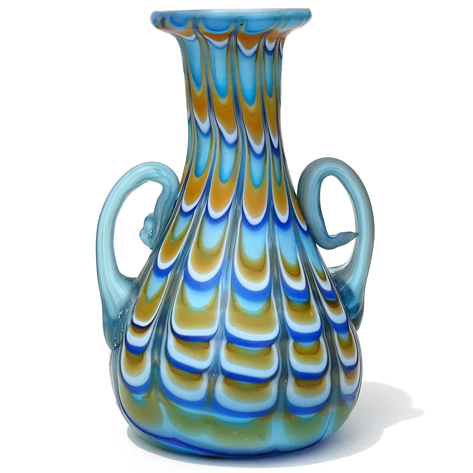 Art Nouveau Fratelli Toso Murano Antique Fenicio Blue Orange White Italian Art Glass Vase For Sale