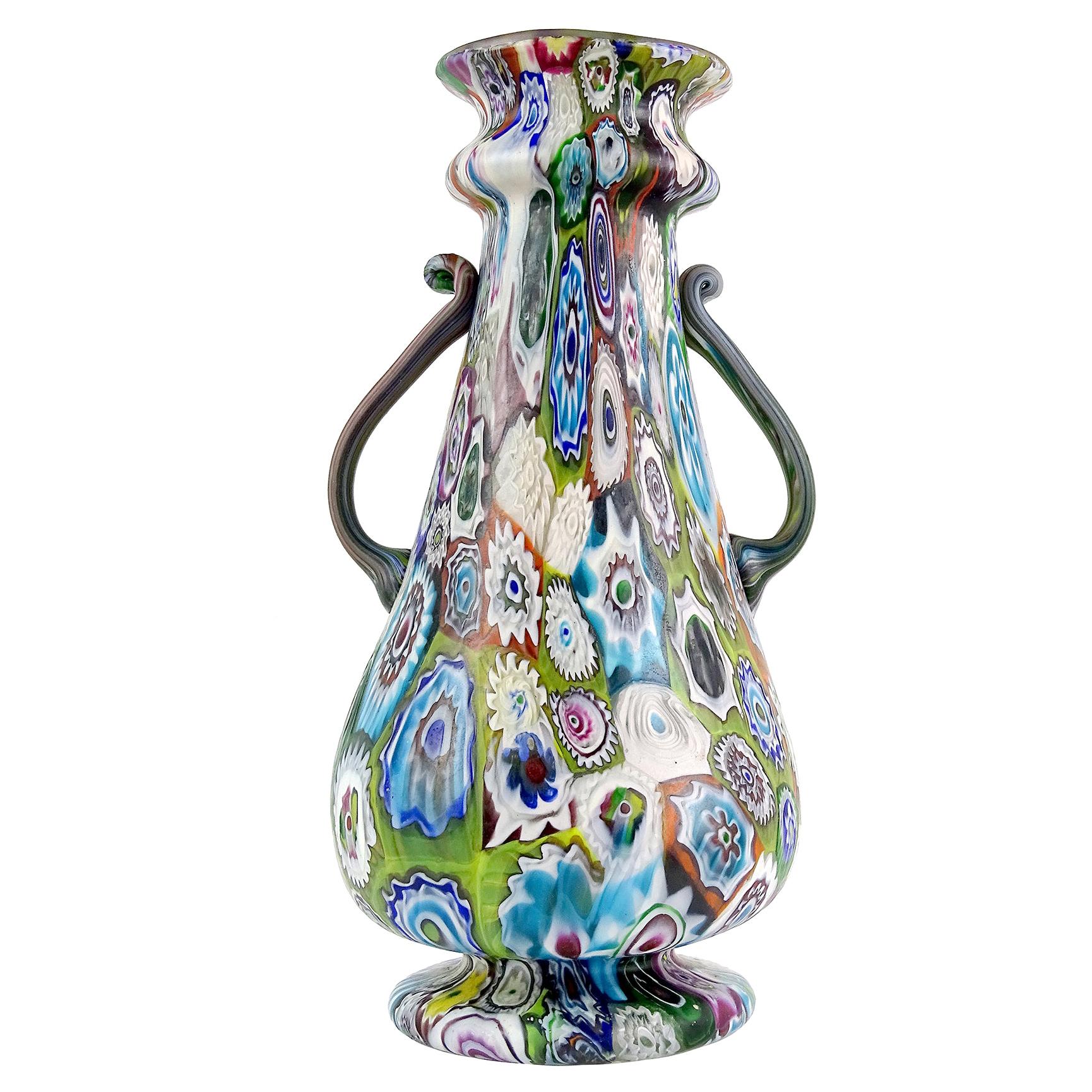 Fratelli Toso Murano Antique Millefiori Flowers Italian Art Glass Mosaic Vase