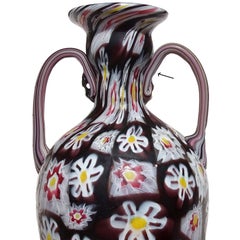 Fratelli Toso Murano Vaso alto antico in vetro artistico italiano con fiori Millefiori
