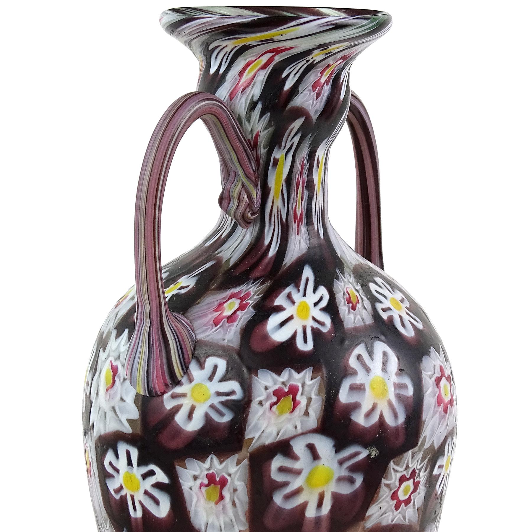 Art Nouveau Fratelli Toso Murano Antique Tall Millefiori Flowers Italian Art Glass Vase For Sale