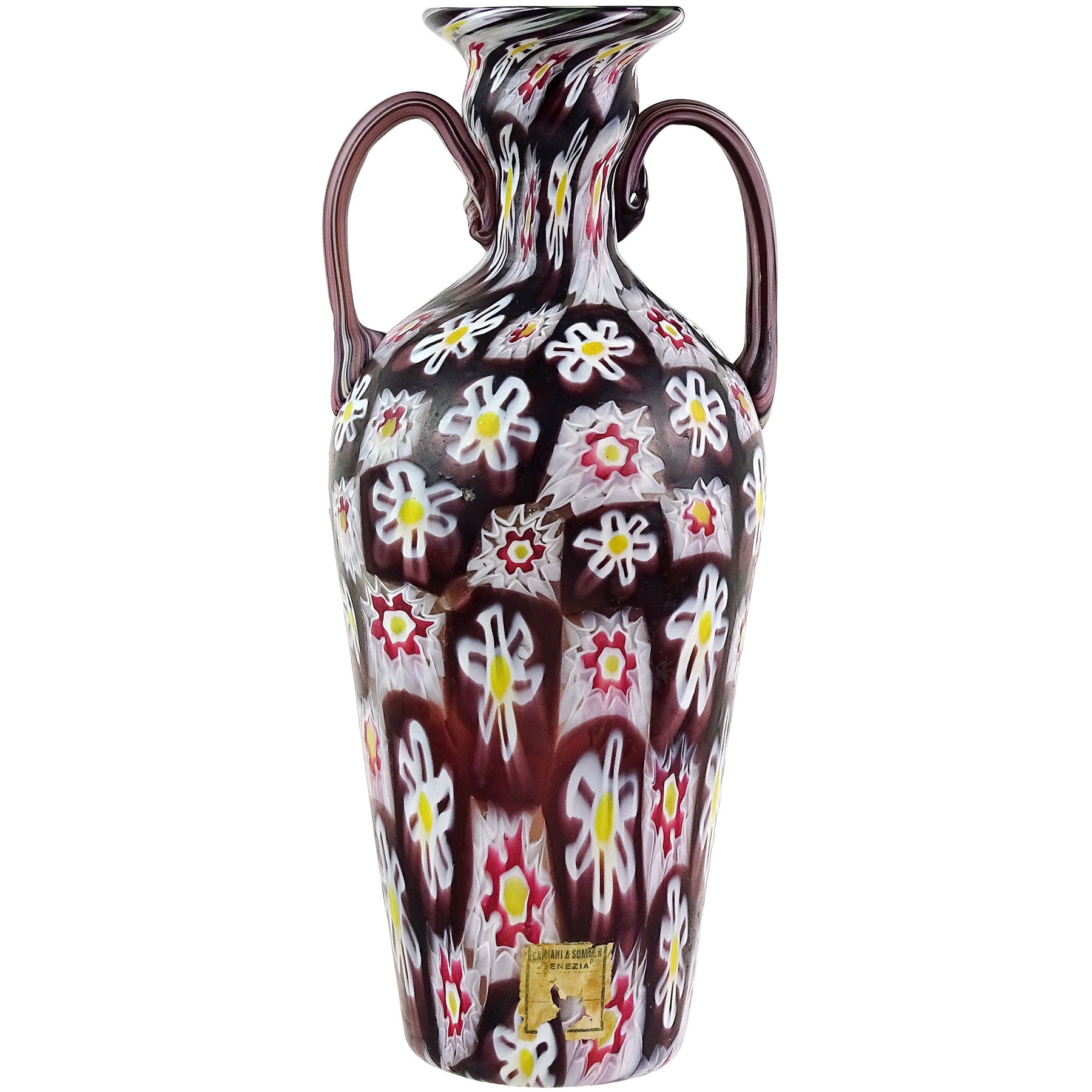 Fratelli Toso Murano Antique Tall Millefiori Flowers Italian Art Glass Vase For Sale