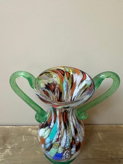 Fratelli Toso Murano Art Glass Amphora Vase with Twin Green Handles 1940s