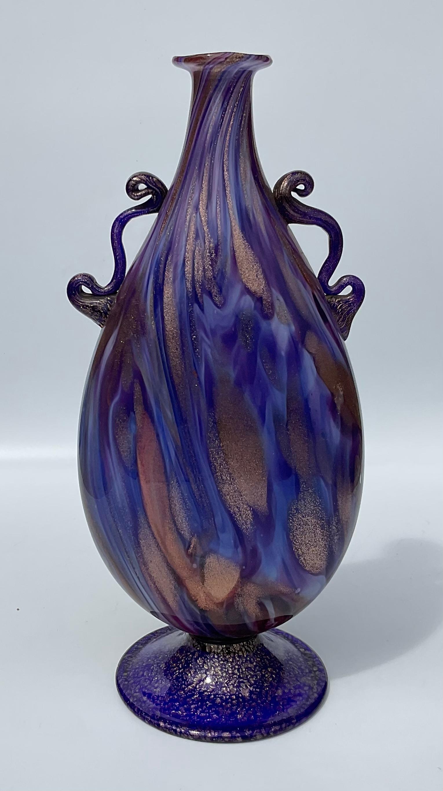 Fratelli Toso Murano Art Glass Vase in Blue with Applied Handles and Aventurine In Good Condition For Sale In Ann Arbor, MI