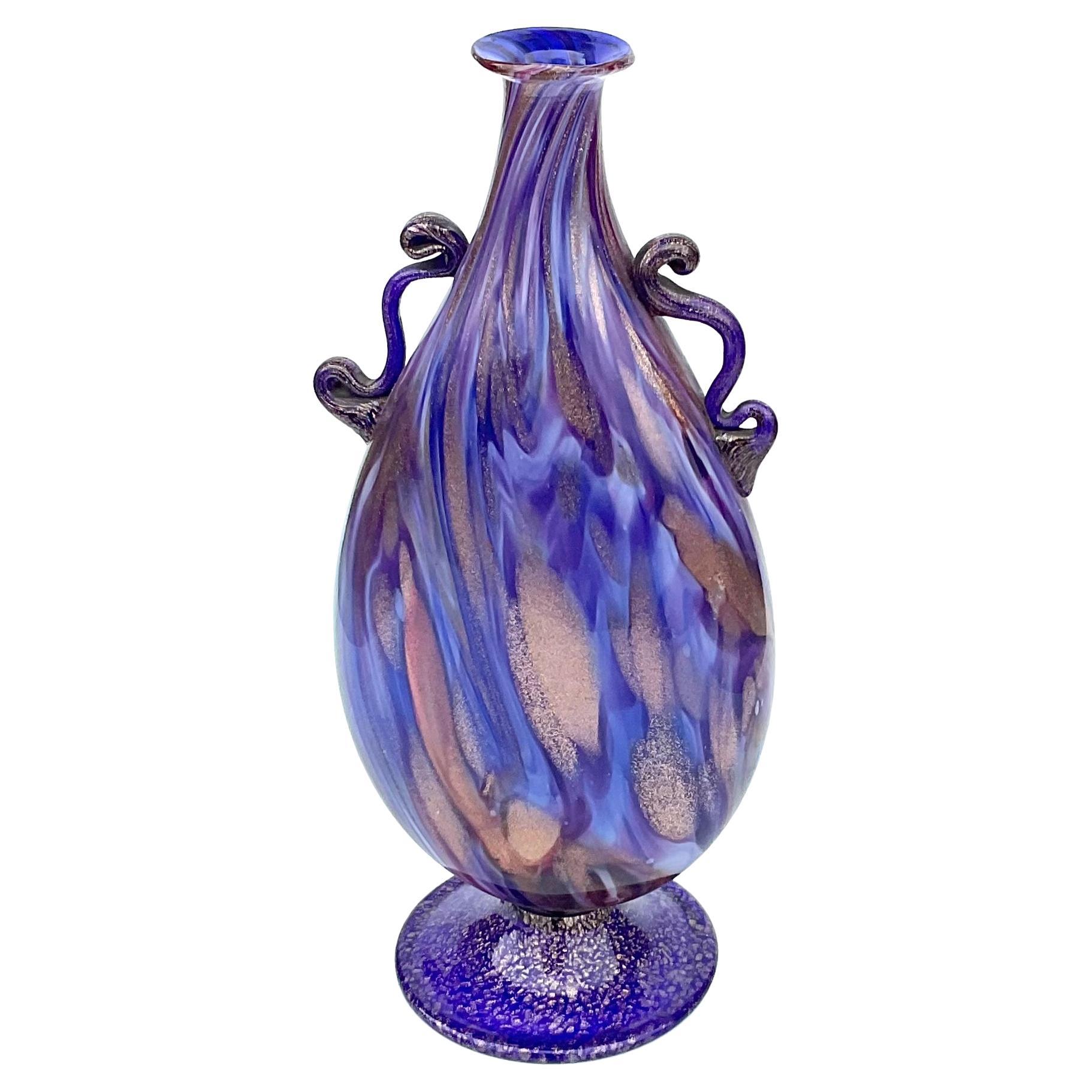 Fratelli Toso Murano Art Glass Vase in Blue with Applied Handles and Aventurine For Sale