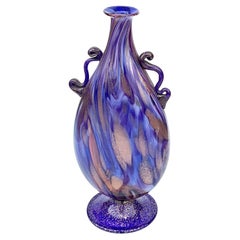 Fratelli Toso Murano Art Glass Vase in Blue with Applied Handles and Aventurine